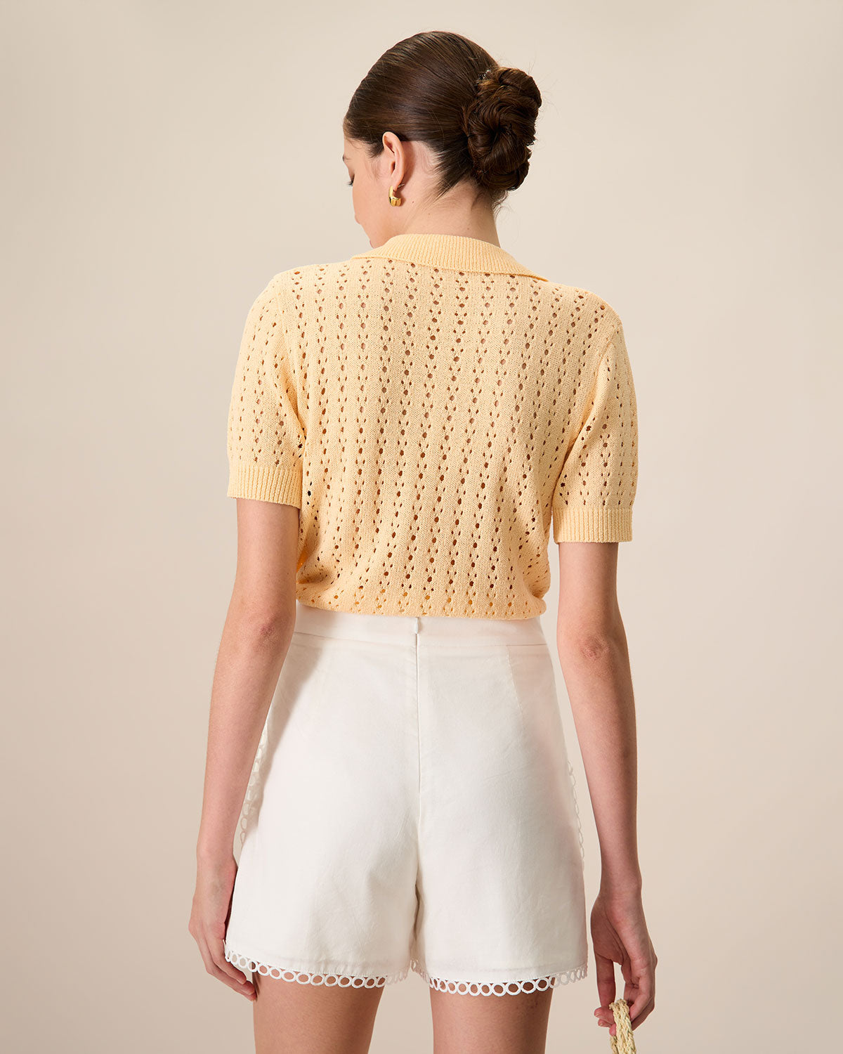 Women's Yellow Lapel Hollow Out Knitted Sweater