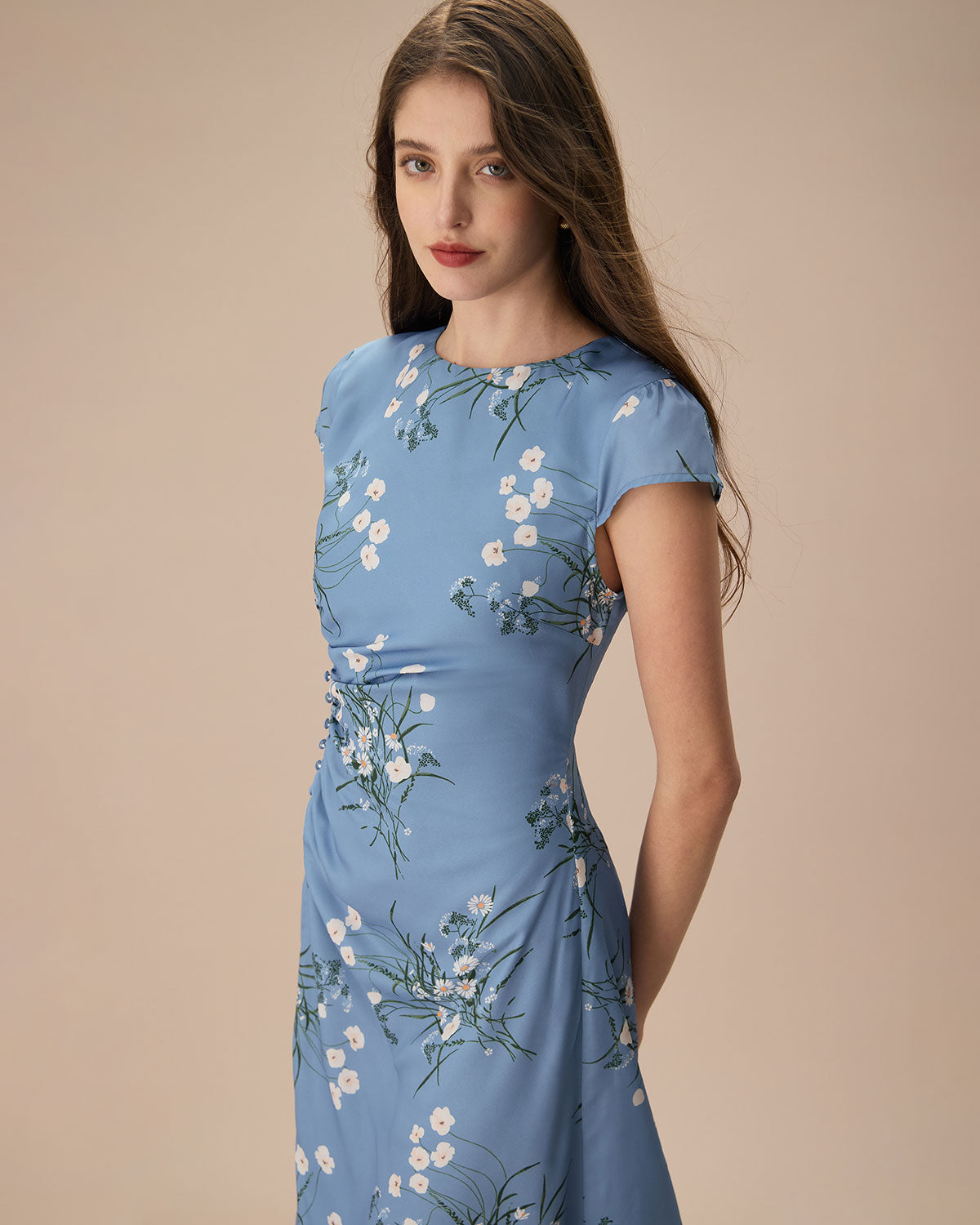 The Blue Round Neck Slit Floral Midi Dress Buy Cheap For Nice