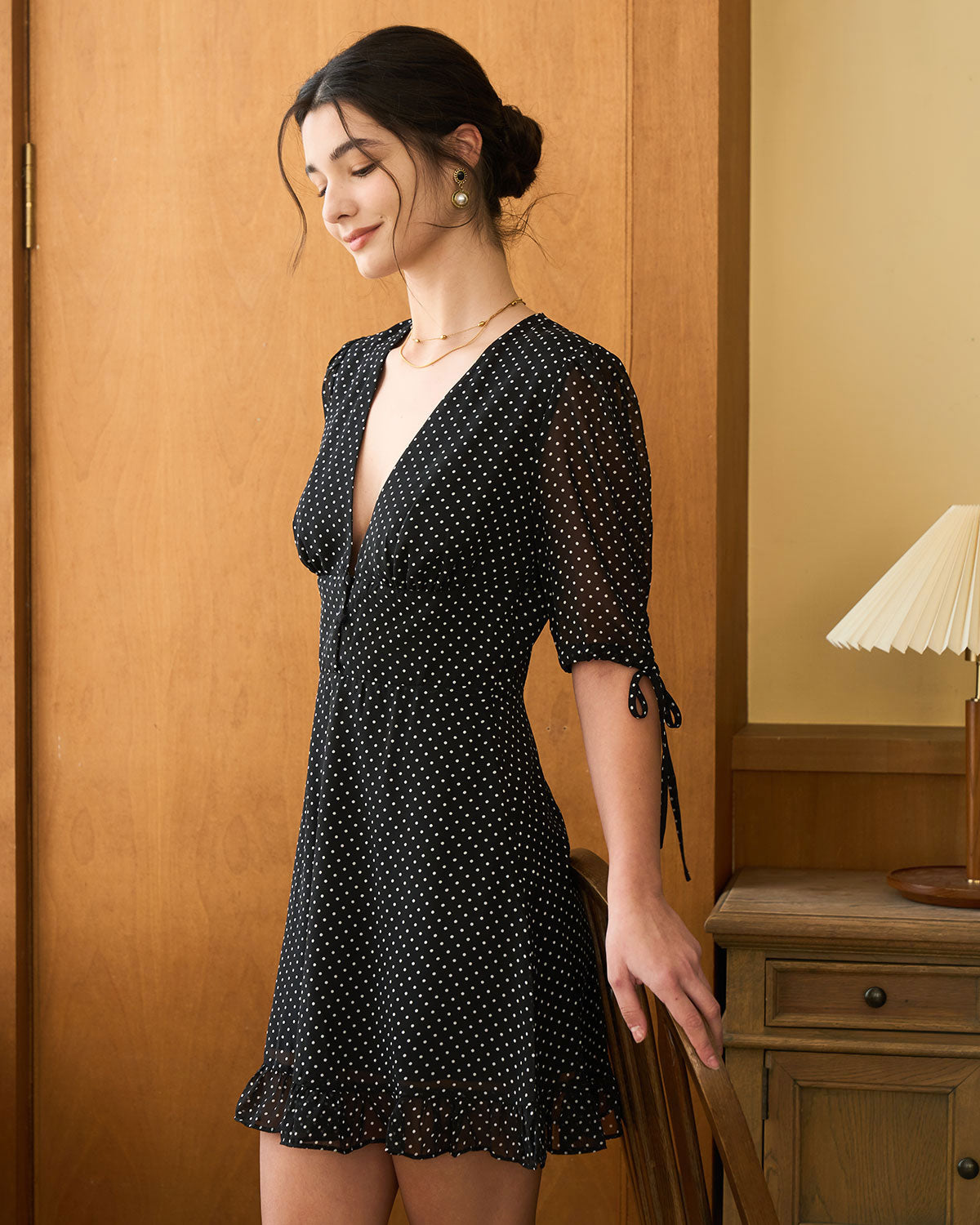 The Black Deep V Neck Polka Dot Mini Dress Outlet Looking For