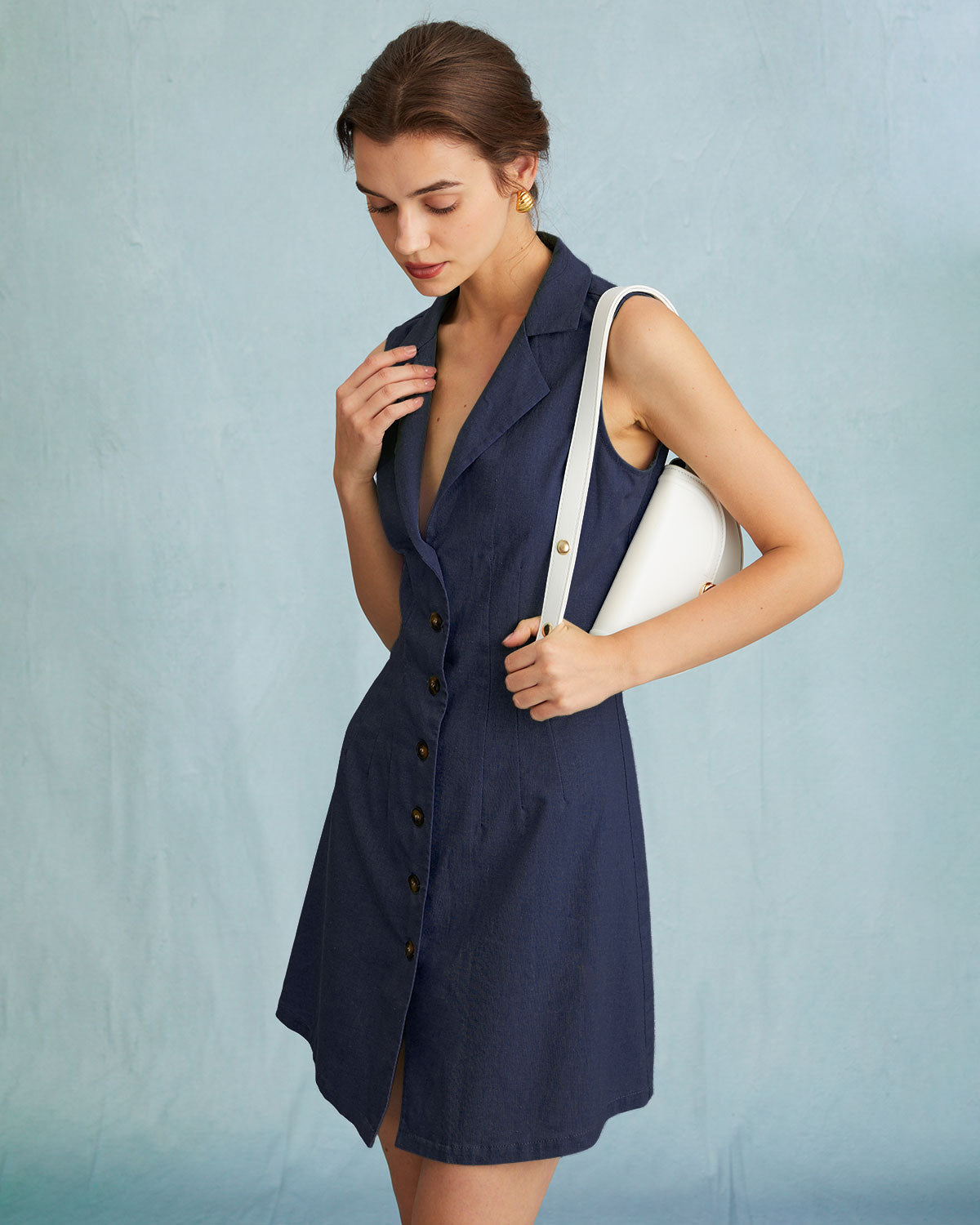 The Navy Lapel Button-up Sleeveless Mini Dress Low Cost Online