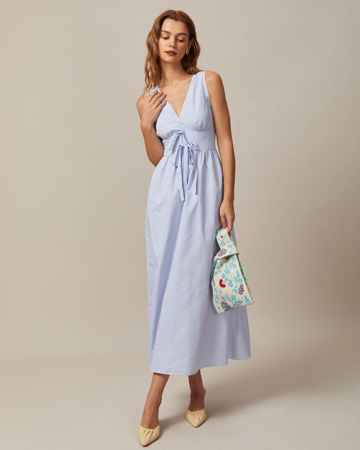The Blue V Neck Shirred Striped Maxi Dress For Sale For Sale