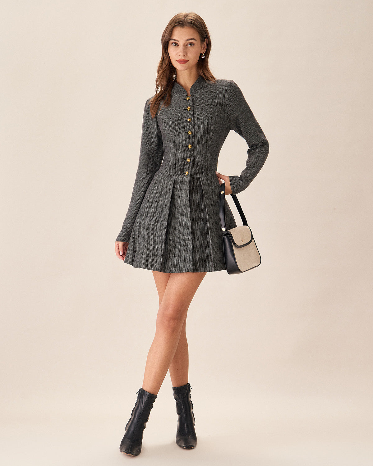 Grey Button Pleated Mini Dress Supply