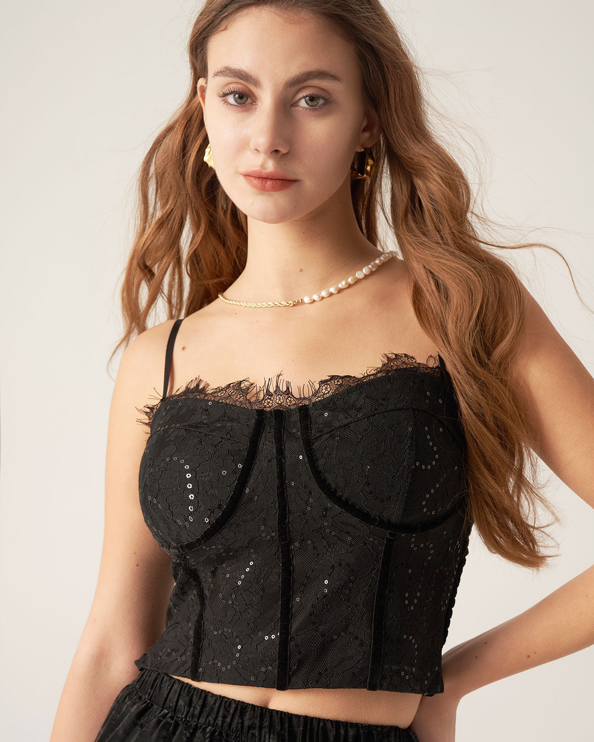 Black Lace Sequin Sweetheart Neck Camis For Cheap