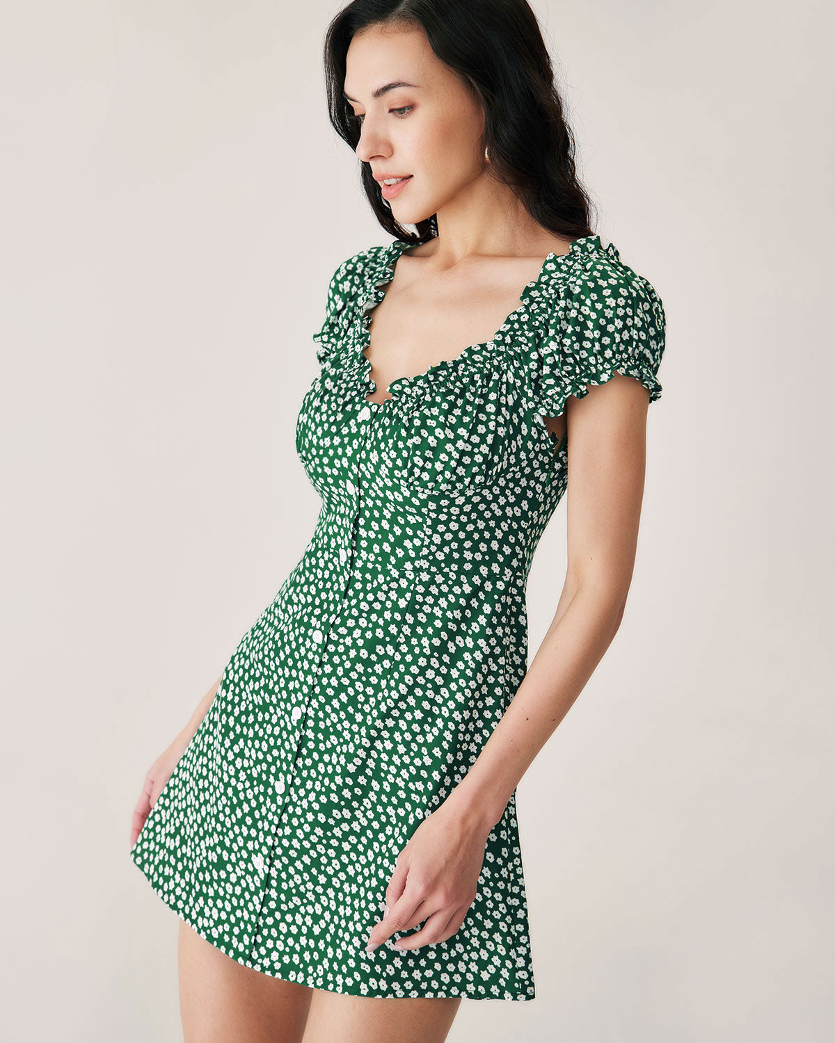 Green Floral Sweetheart Neck Mini Dress Cheap Cheap Online