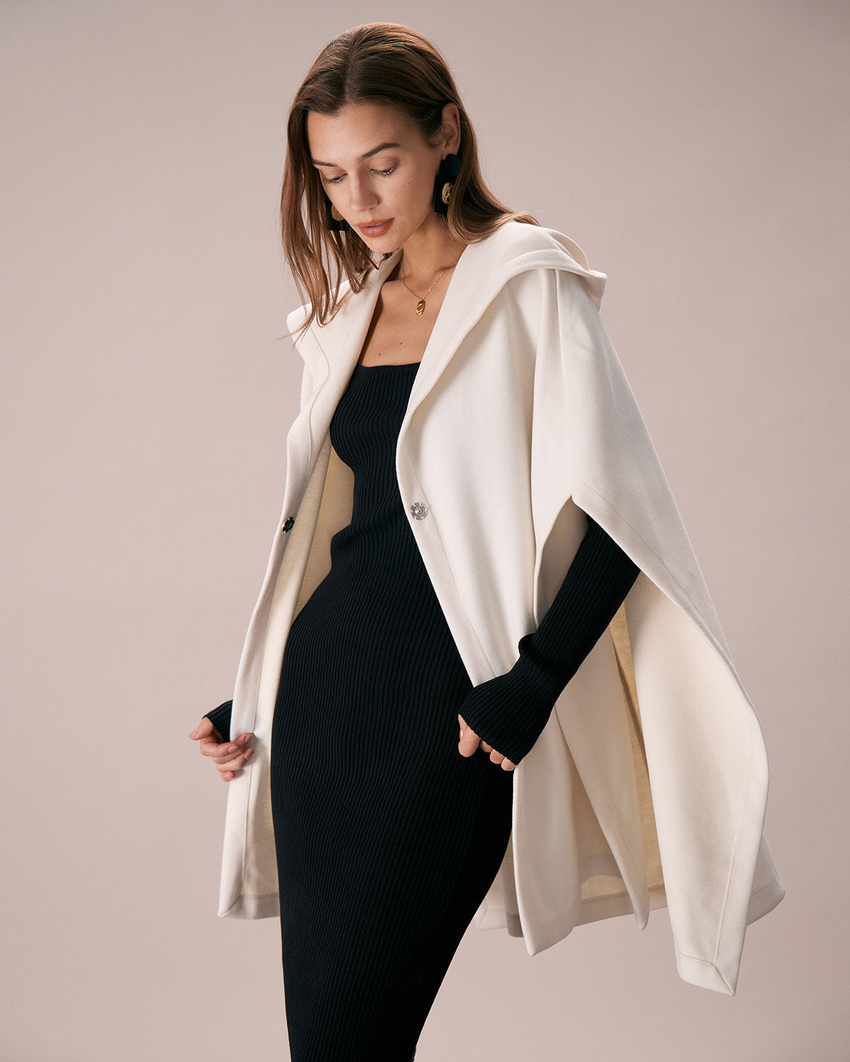 The White Hooded Batwing Sleeve Cape Coat Cheap In China