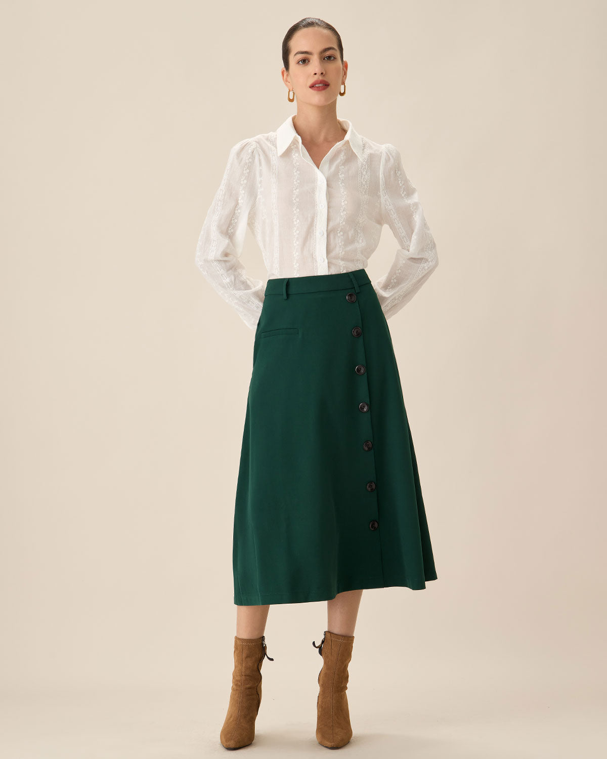 Green High-waisted Button Midi Skirt Cheap Sale Pick A Best