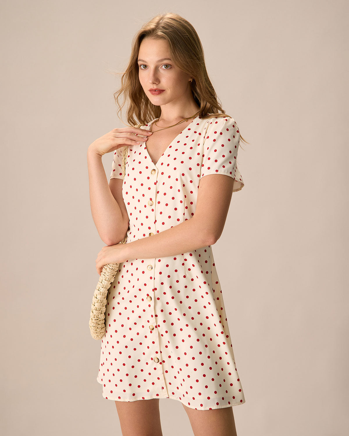 The Beige Polka Dot Button Mini Dress Sale Good Selling