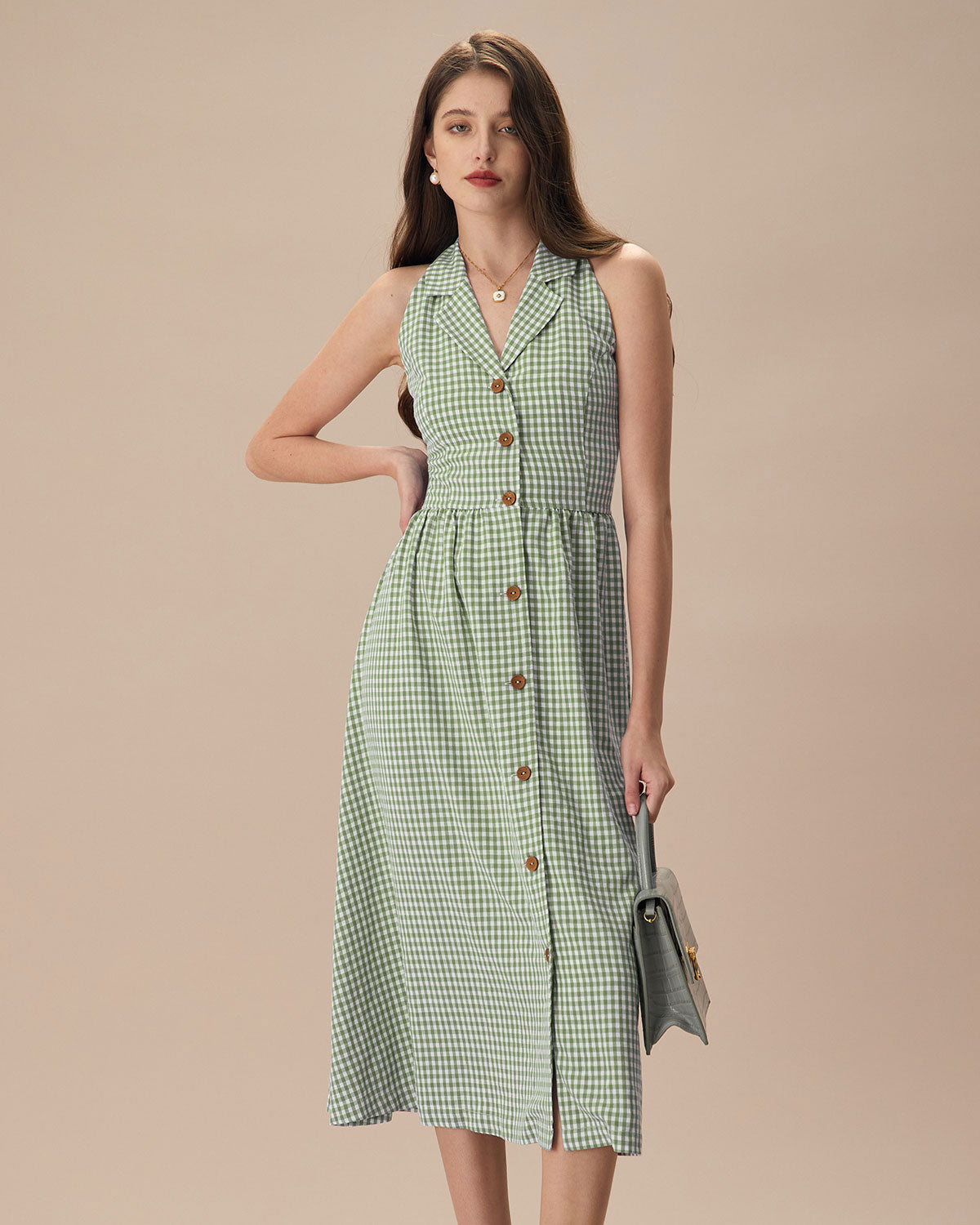 The Green Lapel Plaid Sleeveless Shirt Midi Dress View