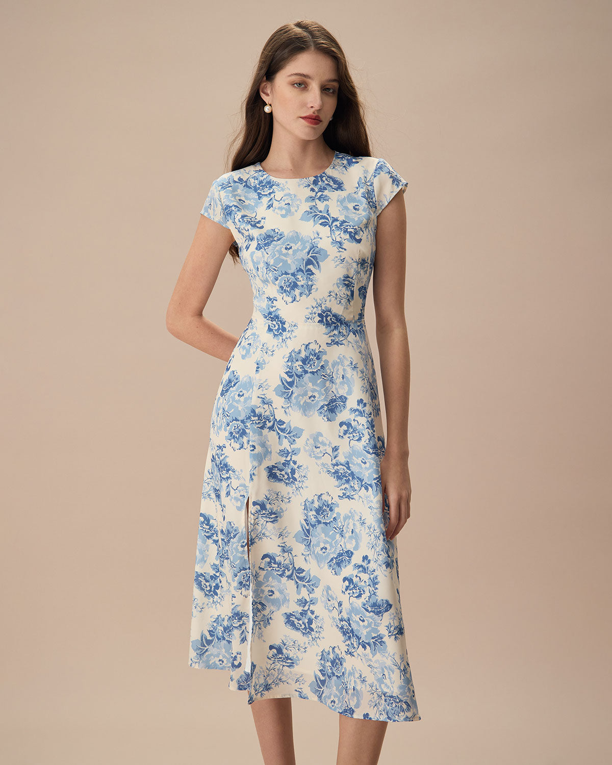 The Blue Round Neck Cap Sleeve Floral Midi Dress Amazon Cheap Online