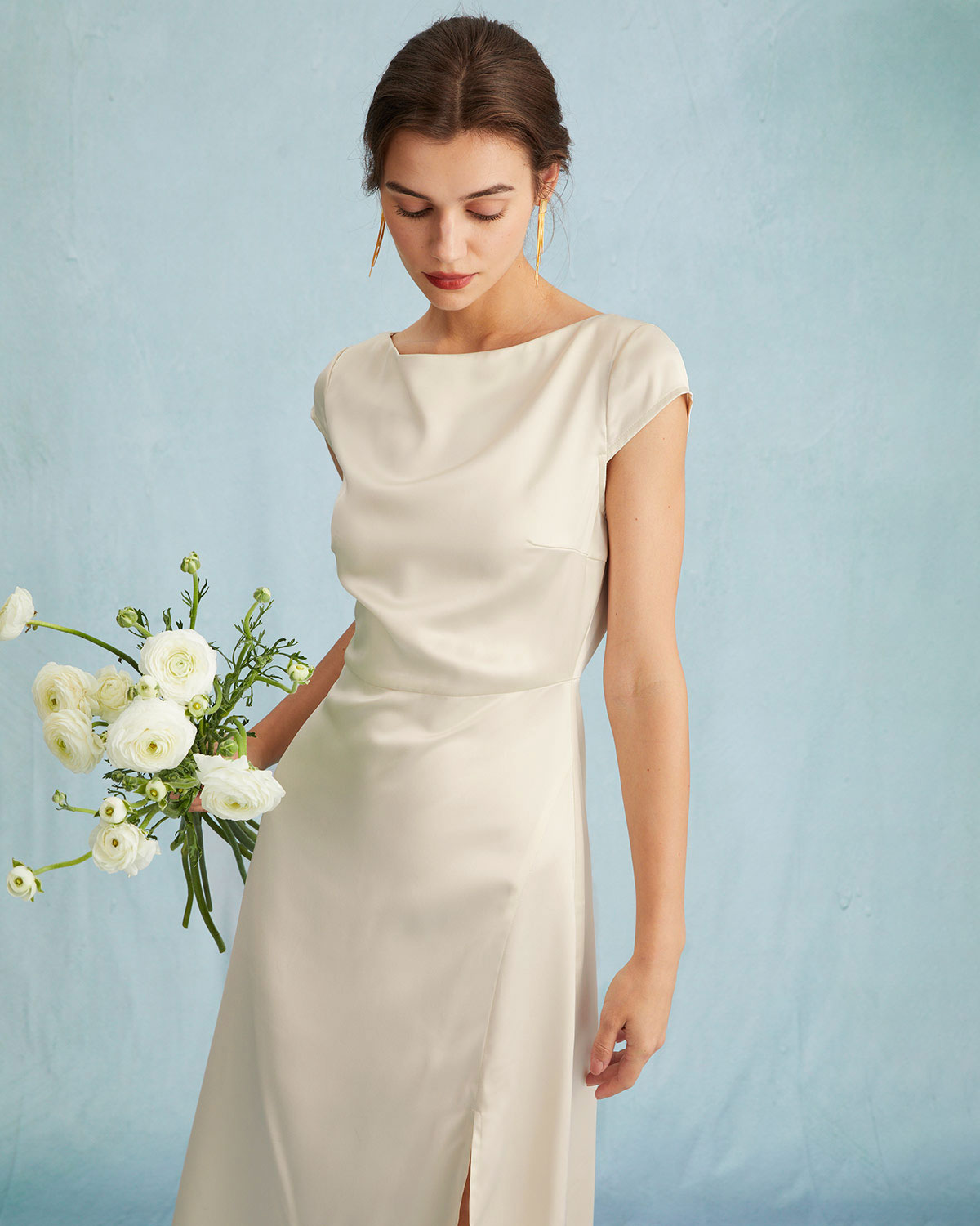 The Apricot Satin Cap Sleeve Sheath Slit Midi Dress Nicekicks