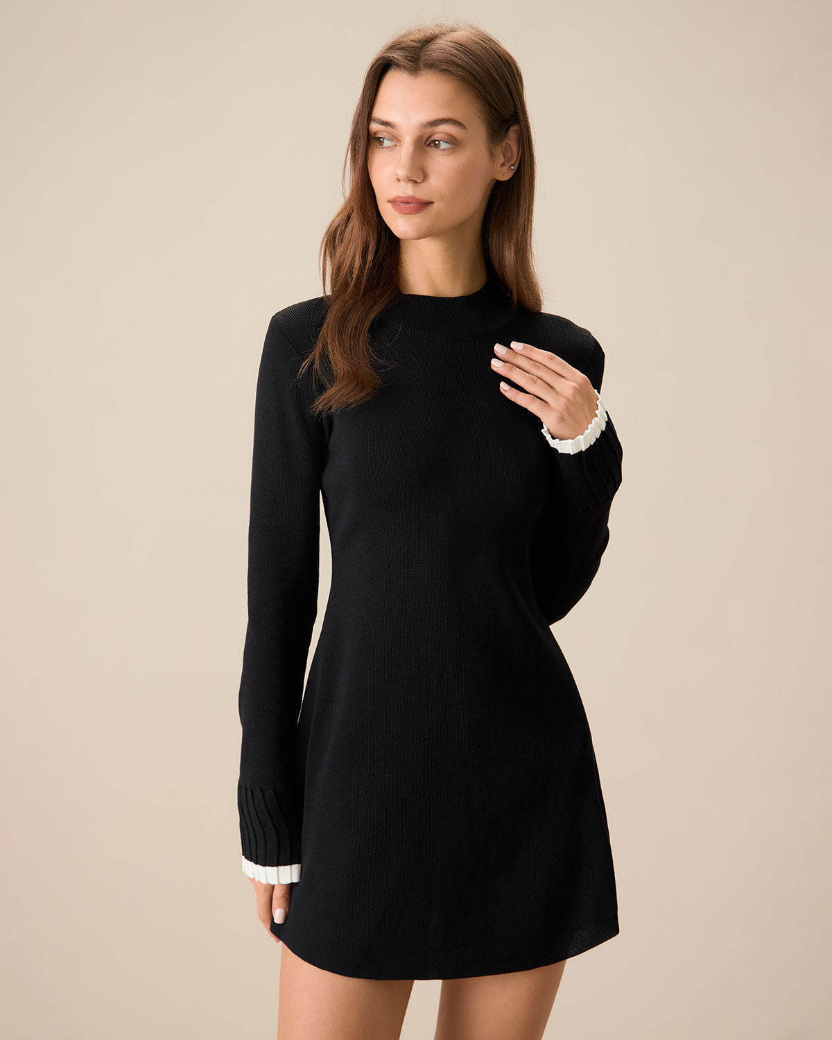 Black Contrasting Long Sleeve Sweater Mini Dress Big Discount Online