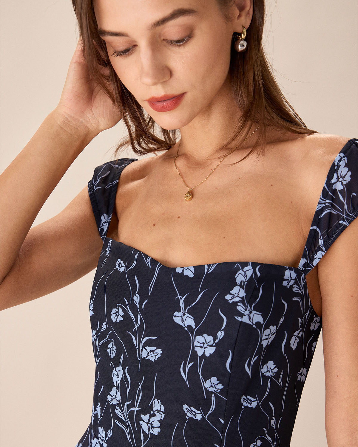 Navy Floral Sweetheart Neck Midi Dress Genuine Sale Online