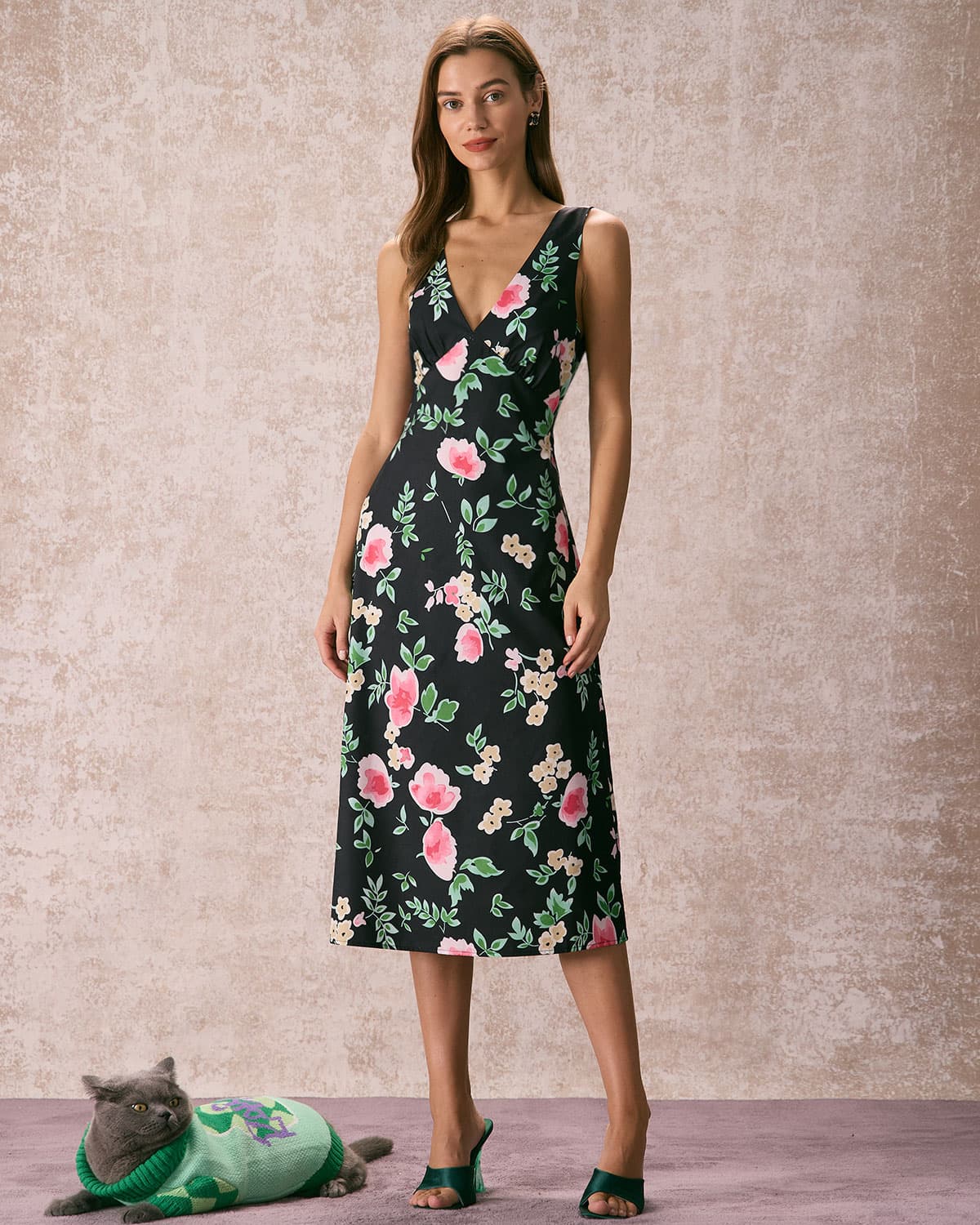 The Black V Neck Tie Back Floral Midi Dress Discount Explore