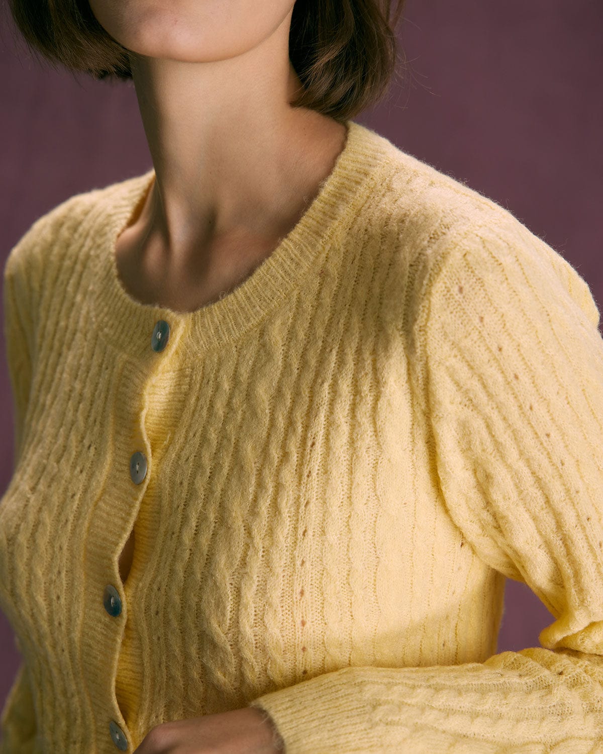 The Yellow Round Neck Cable Ribbed Cardigan Cheap Sale Buy