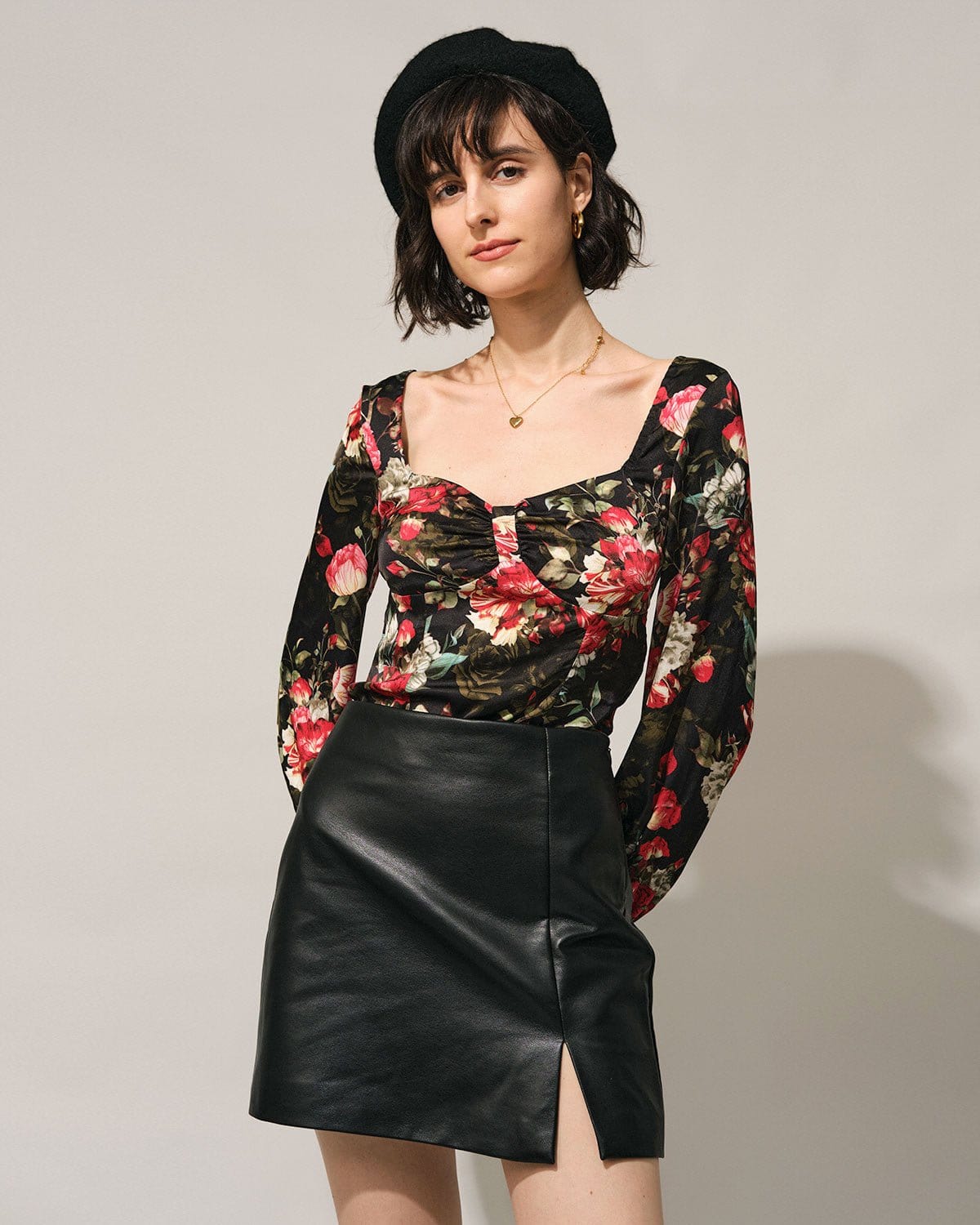 The Black Square Neck Floral Satin Blouse Best Sale For Sale