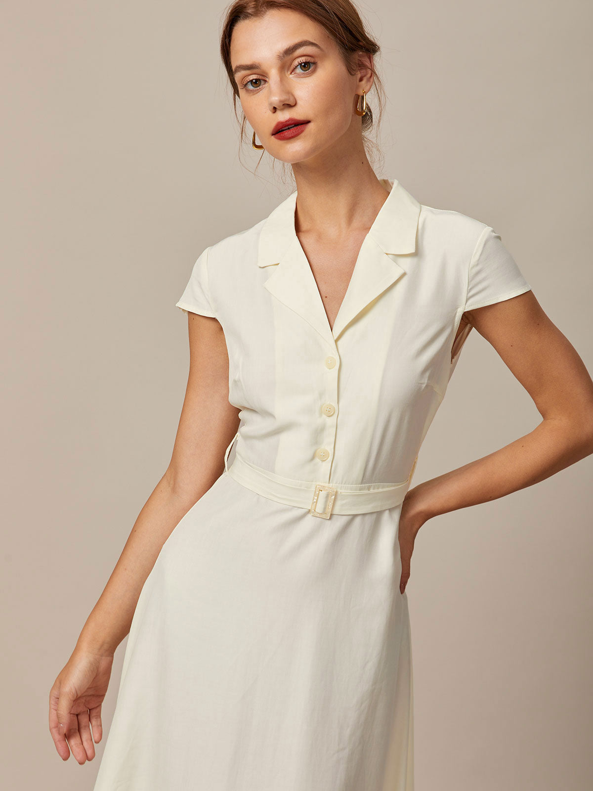 The Beige Lapel Cap Sleeve Shirt Midi Dress Outlet Marketable