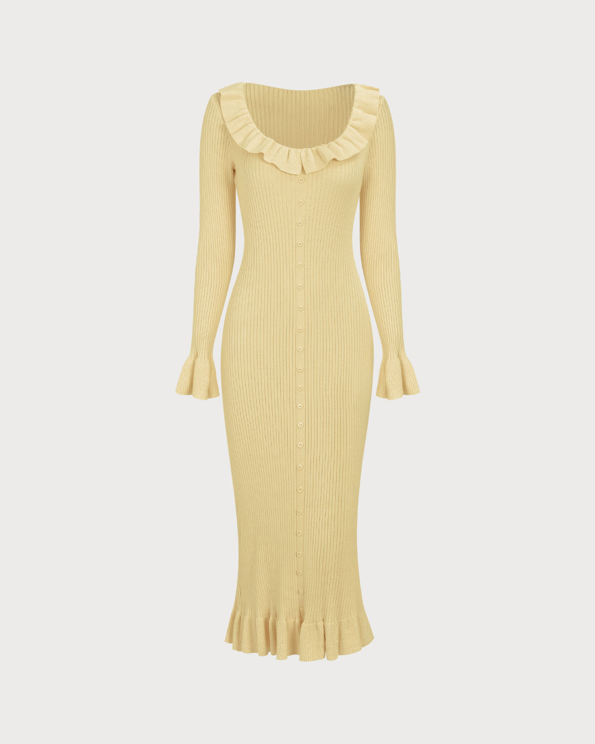 Yellow U-Neck Ruffle Bodycon Sweater Dress Sale For Nice