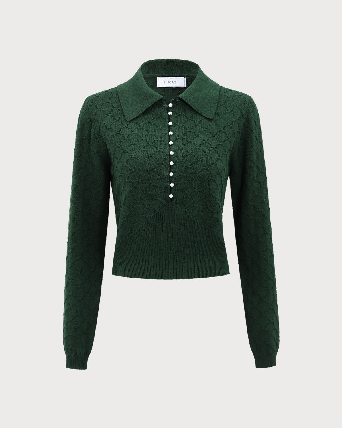 The Dark Green Lapel Ribbed Textured Knit Top Discount For Sale