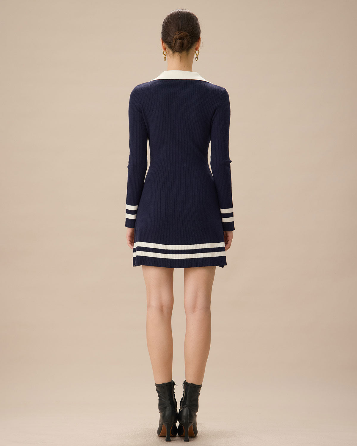 Navy Contrasting V Neck Striped Sweater Dress Cheap Sale Enjoy