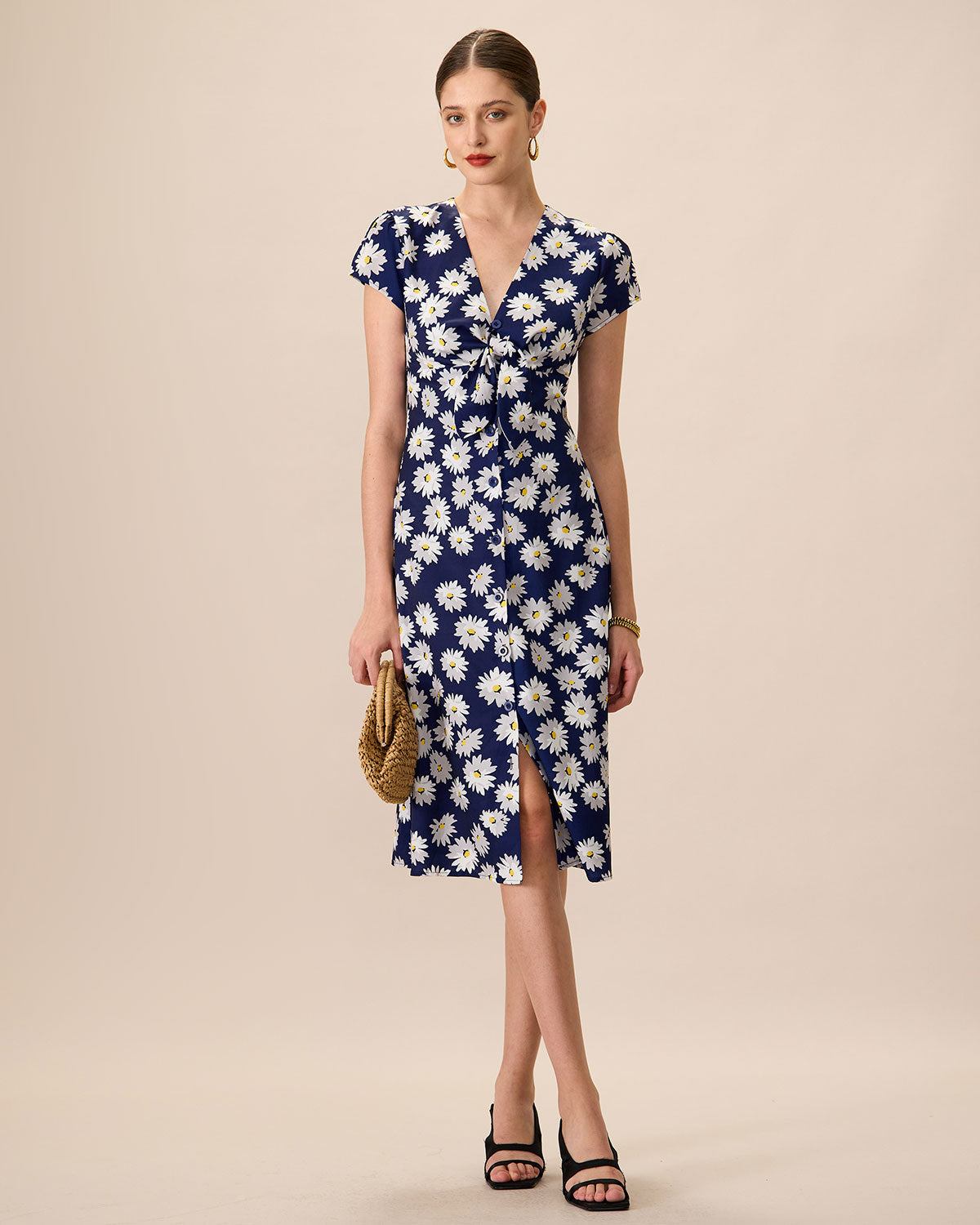 Women's Navy Button-Up Floral Midi Dresses