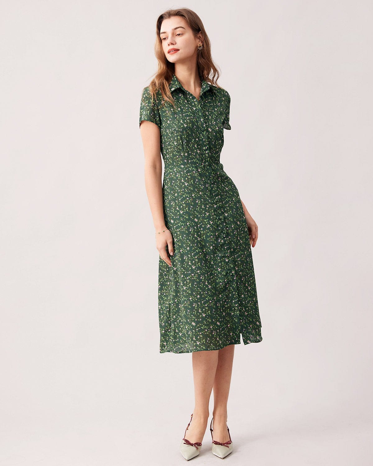 The Green Lapel Button Up Floral Midi Dress Finishline