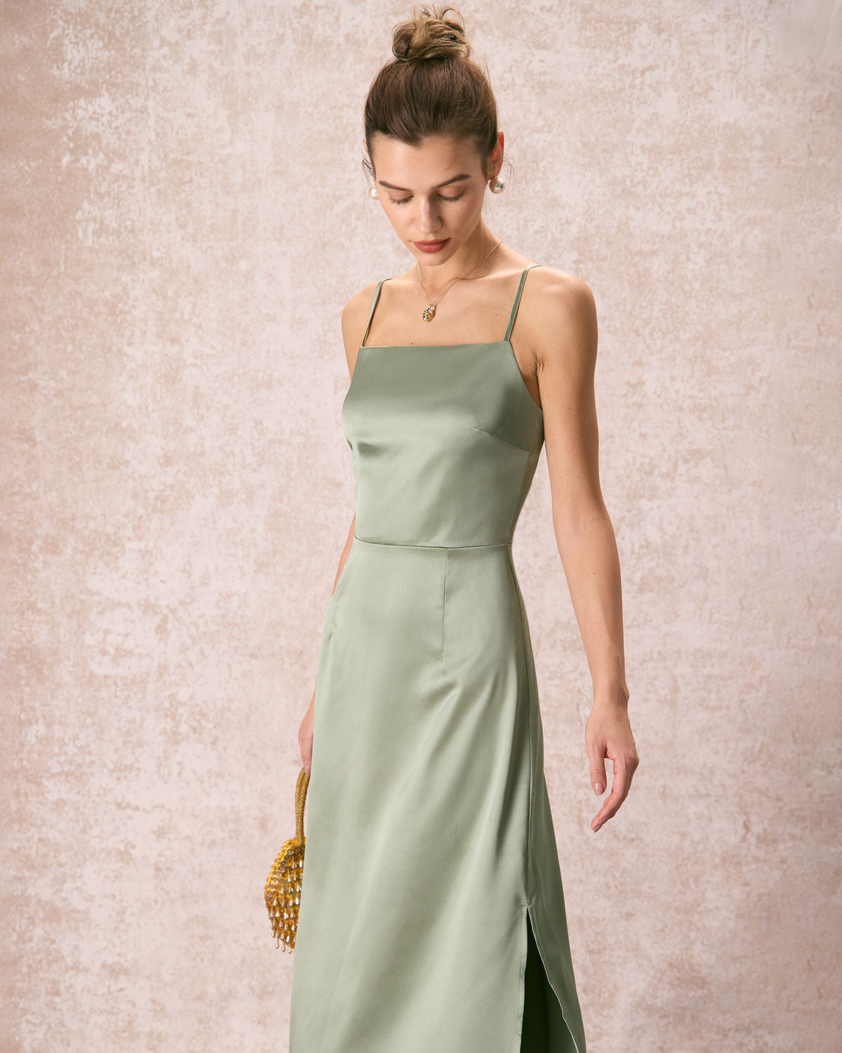 The Green Square Neck Satin Slip Midi Dress For Nice Cheap Online