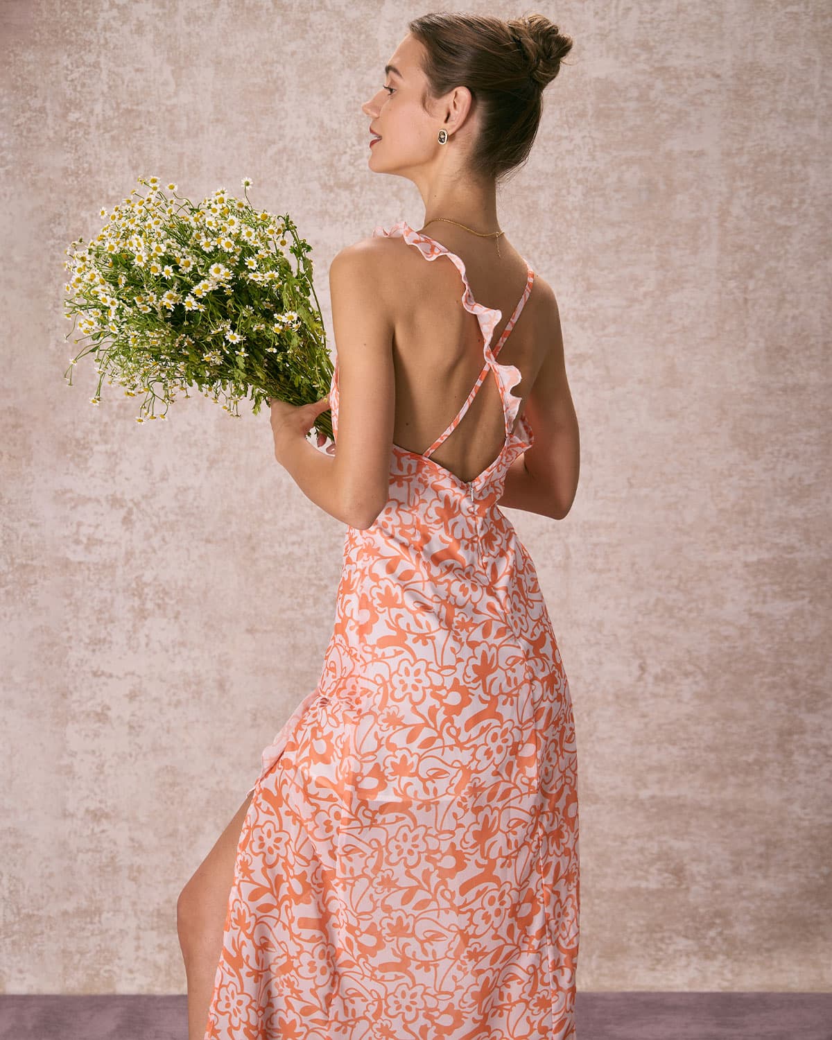 The Orange V Neck Floral Ruffle Maxi Dress Free Shipping Online