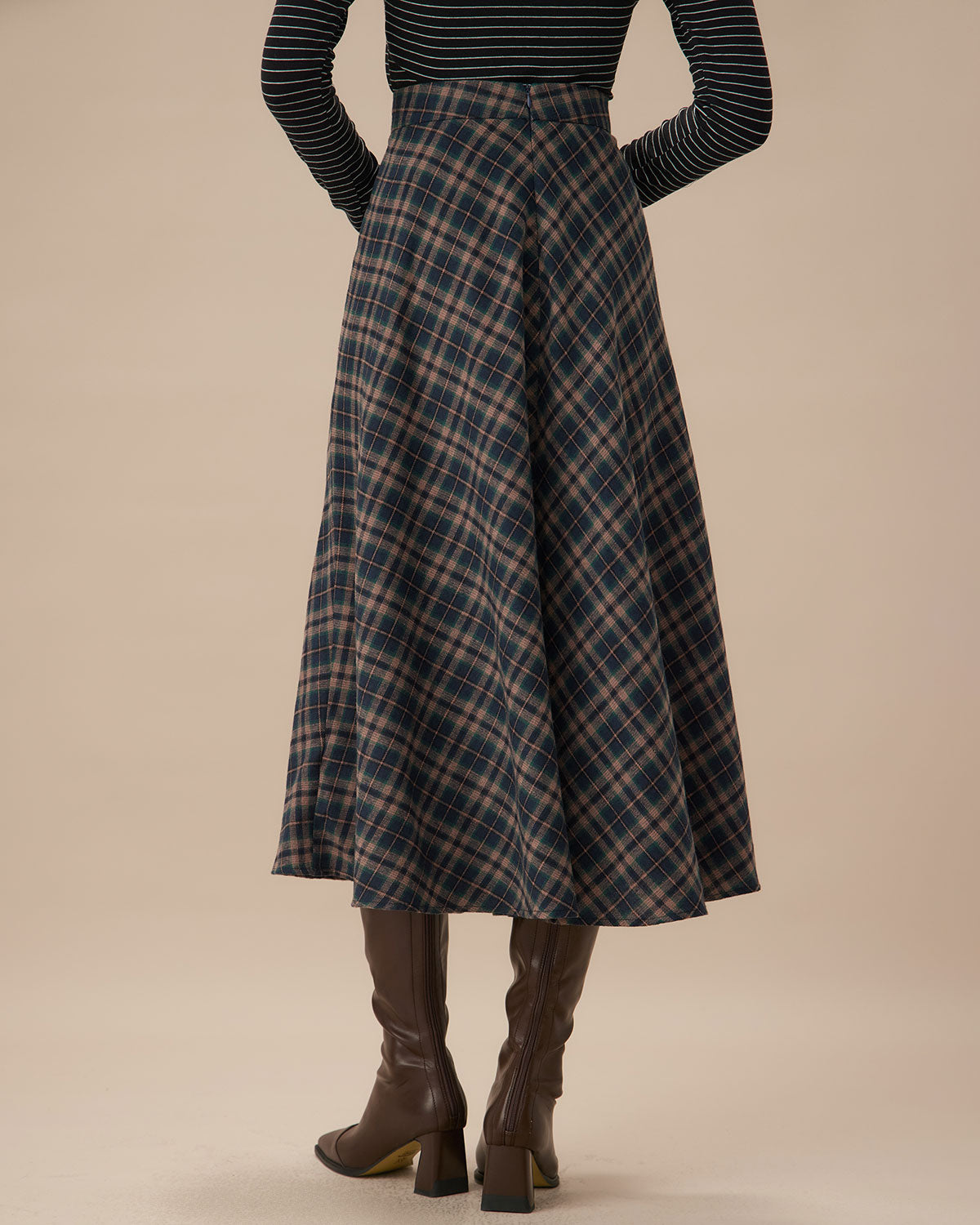 Navy Plaid Flared Midi Skirt Discount Best Pices