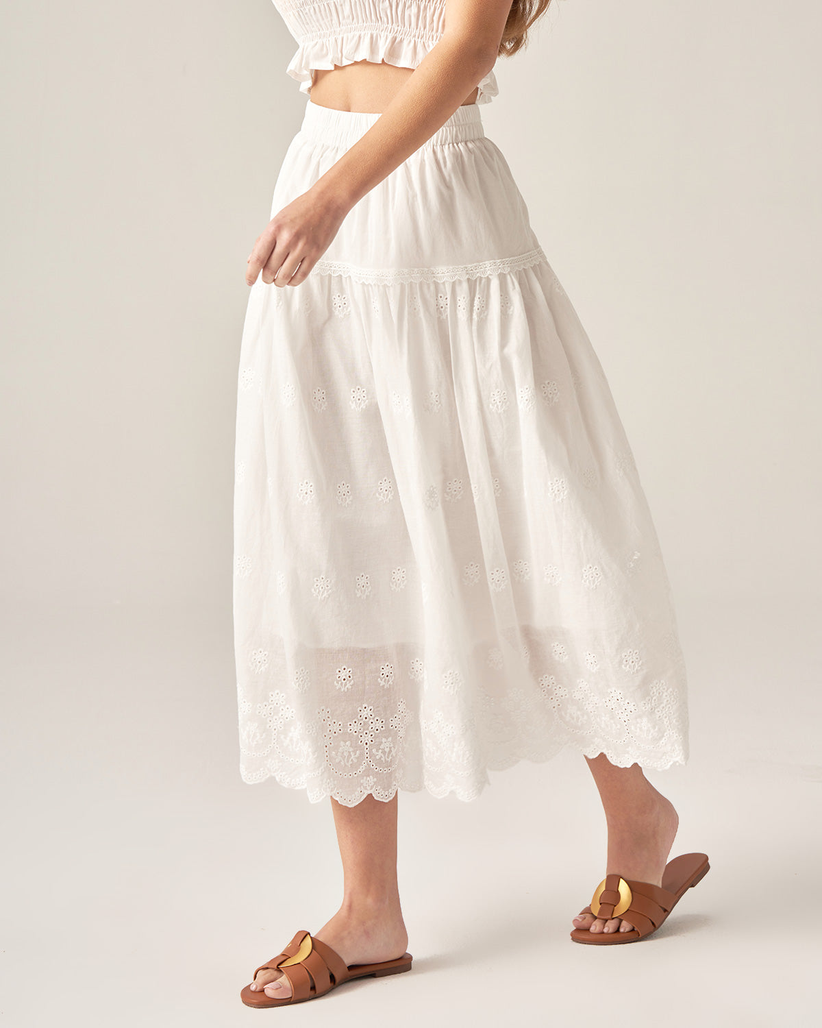 White Embroidery A-Line Midi Skirt Cheap Sale Sale