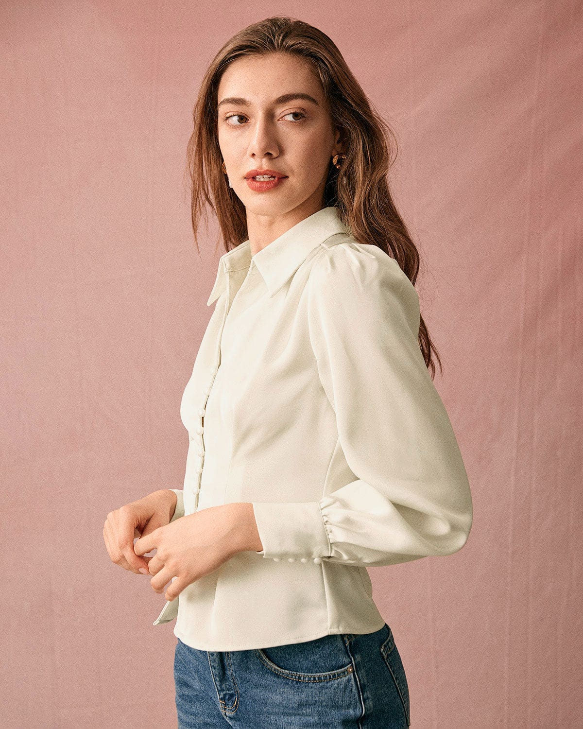 The Solid Collared Puff Sleeve Satin Blouse Clearance Pictures