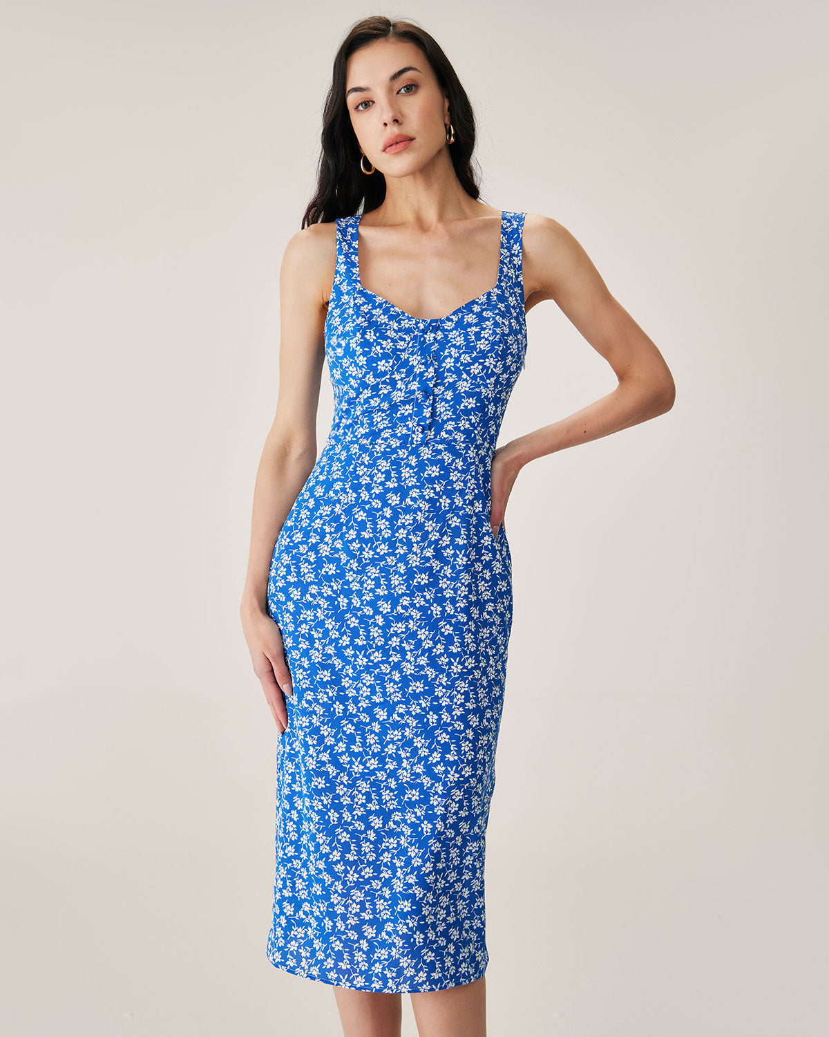 Blue Floral Slit Slip Midi Dress Outlet Huge Surprise