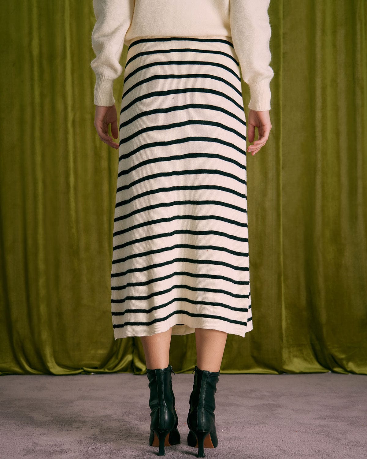 The Beige Elastic Waist Striped Knit Midi Skirt Free Shipping With Mastercard