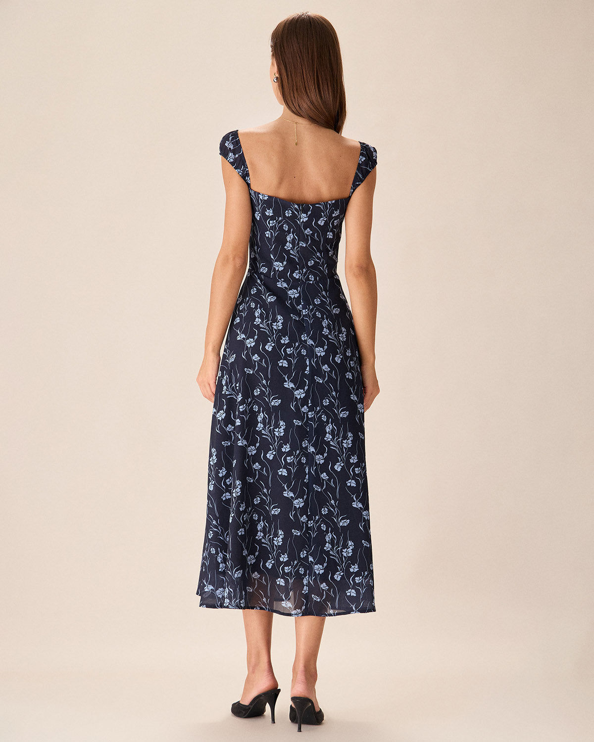 Navy Floral Sweetheart Neck Midi Dress Genuine Sale Online