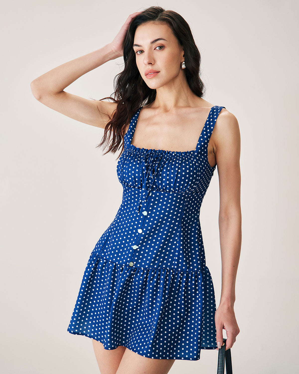 Blue Polka Dot Ruched Slip Mini Dress With Credit Card Cheap Pice