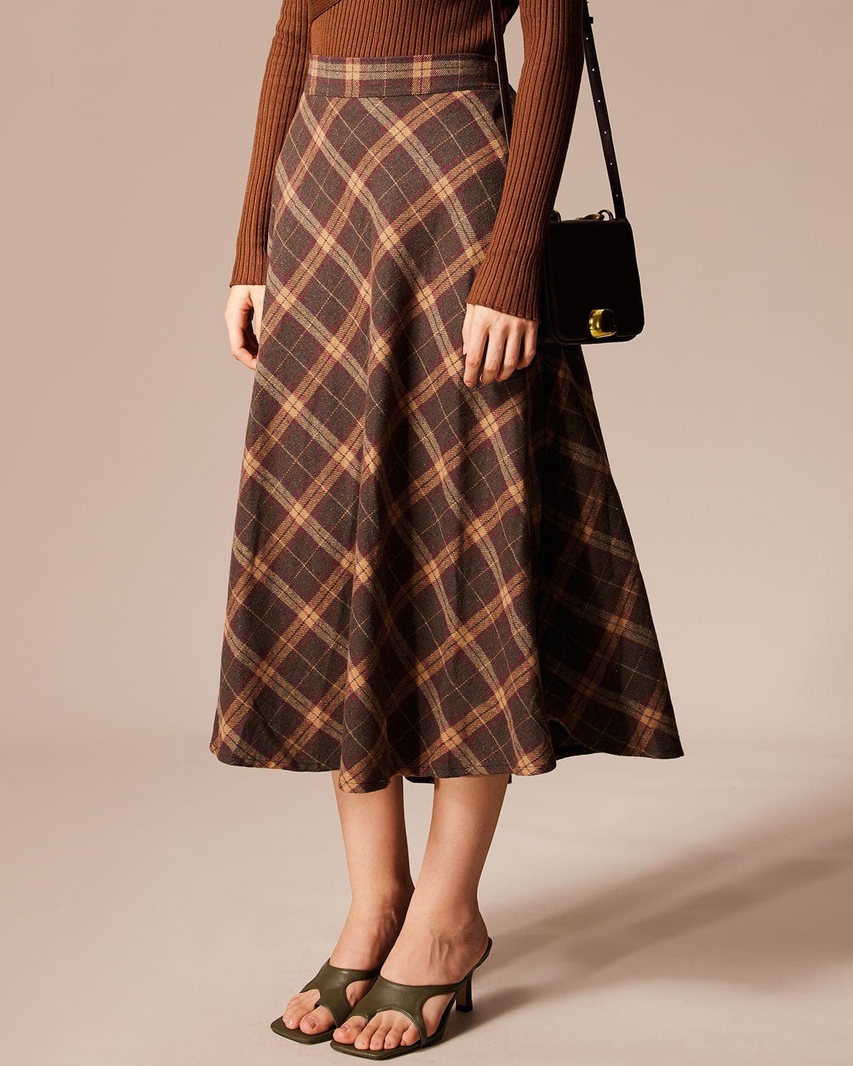 The Brown Elastic Waist Plaid A-Line Midi Skirt Cheap Low Pice