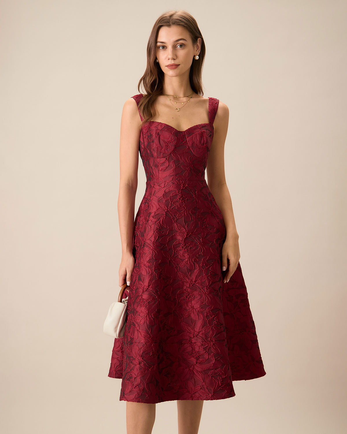 The Red Sweetheart Neck Jacquard Midi Dress Discount Best Pices