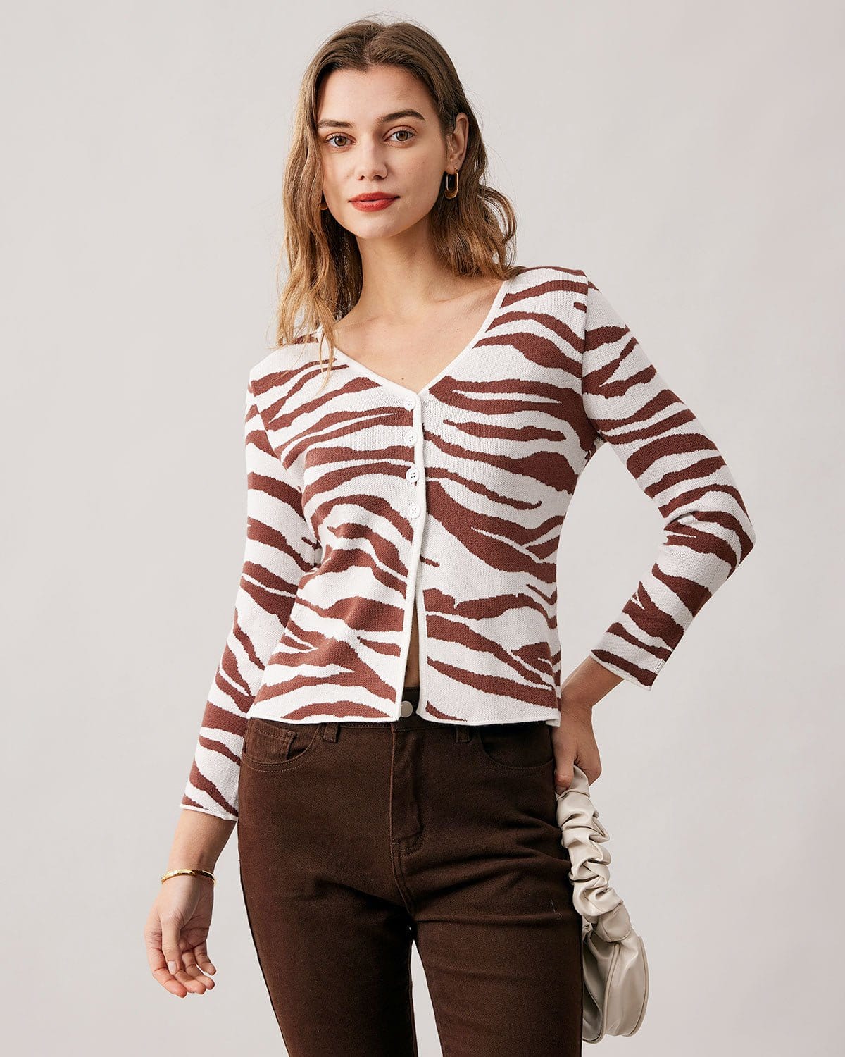 The Coffee V Neck Zebra Knit Cardigan Discount Largest Supplier