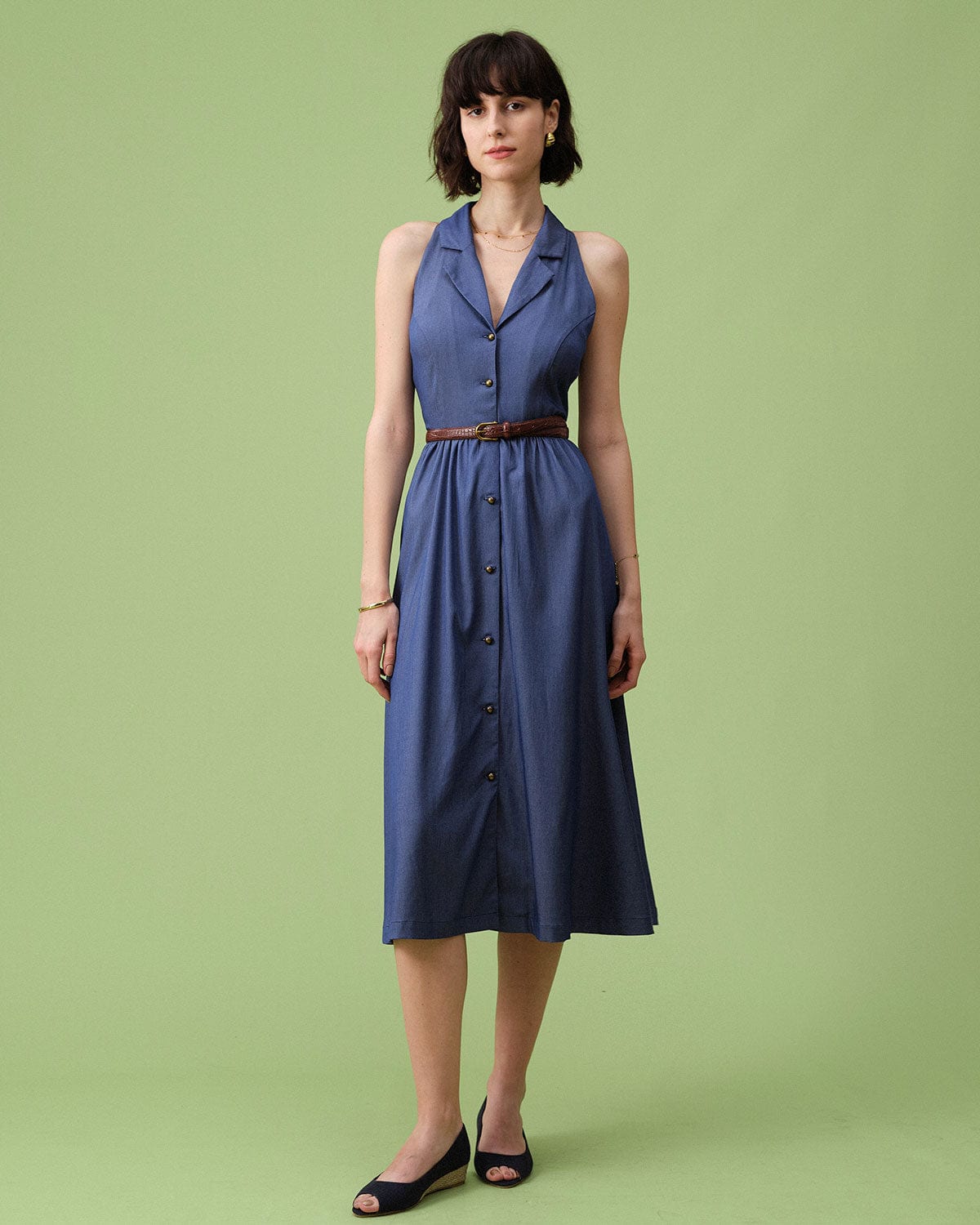 The Blue Lapel Tunic Sleeveless Midi Dress Cheap Pirce