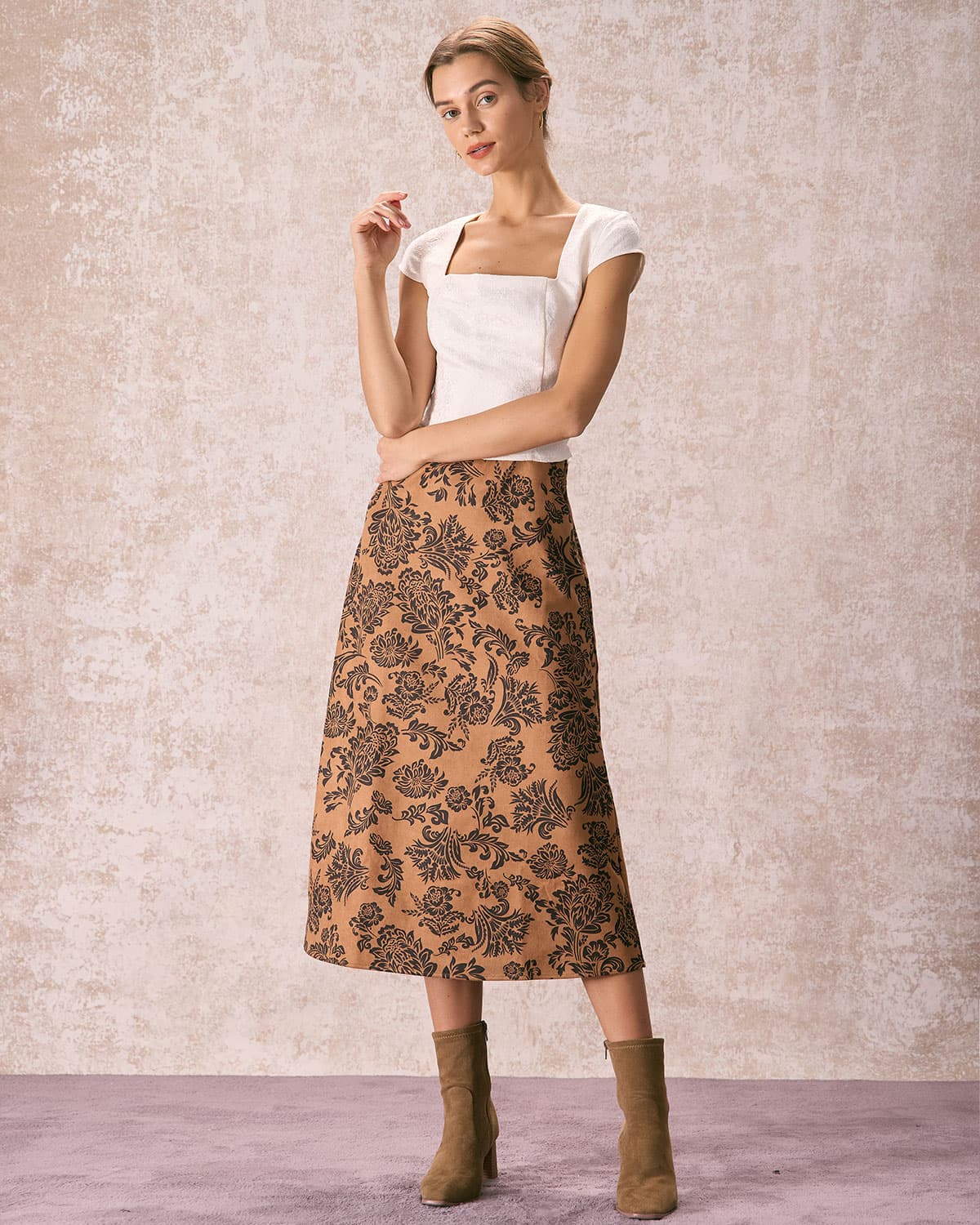 The Brown High Waist Floral Suede Midi Skirt Free Shipping Low Pice Fee Shipping