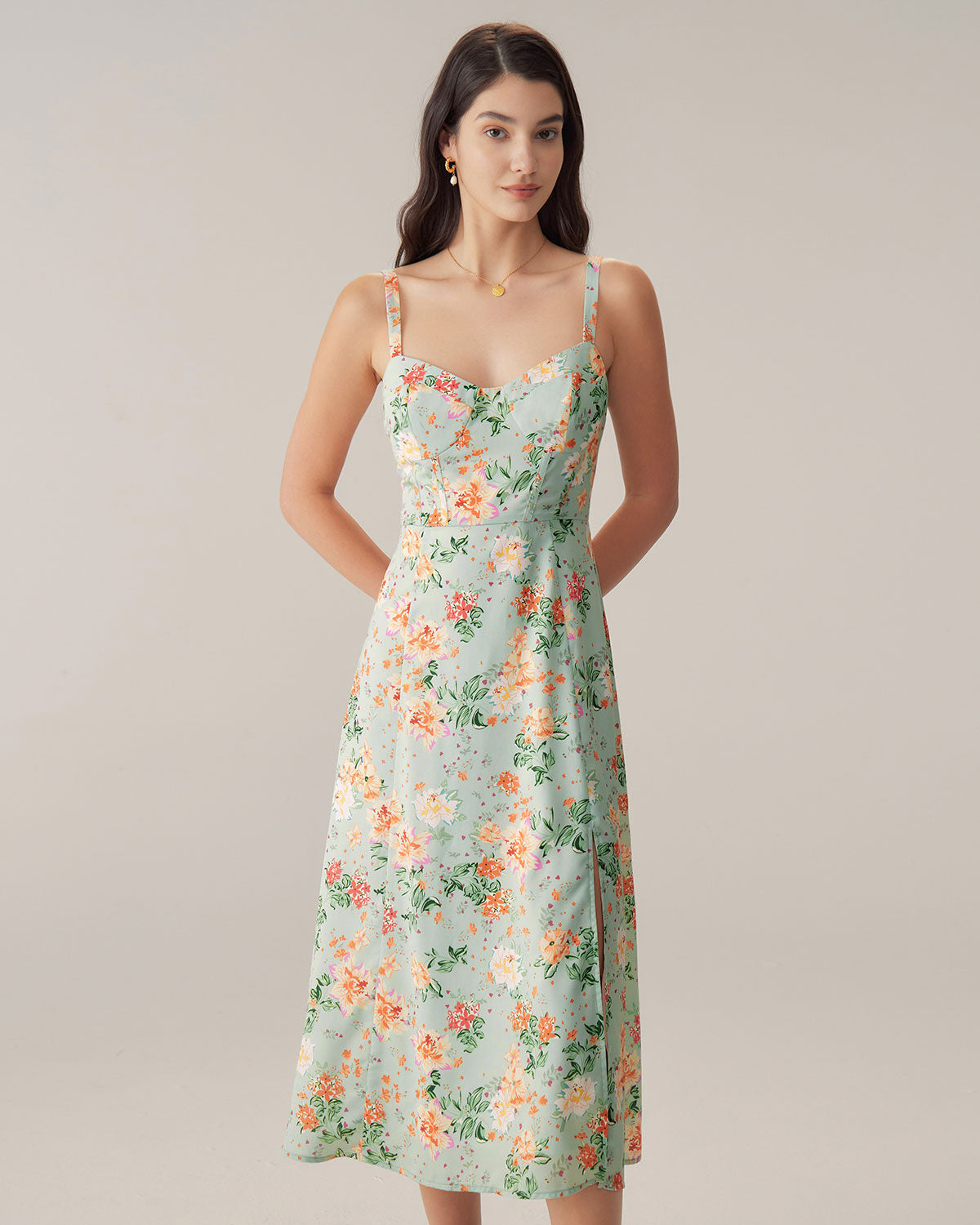 Green Floral Sweetheart Neck Slip Midi Dress Free Shipping With Credit Card