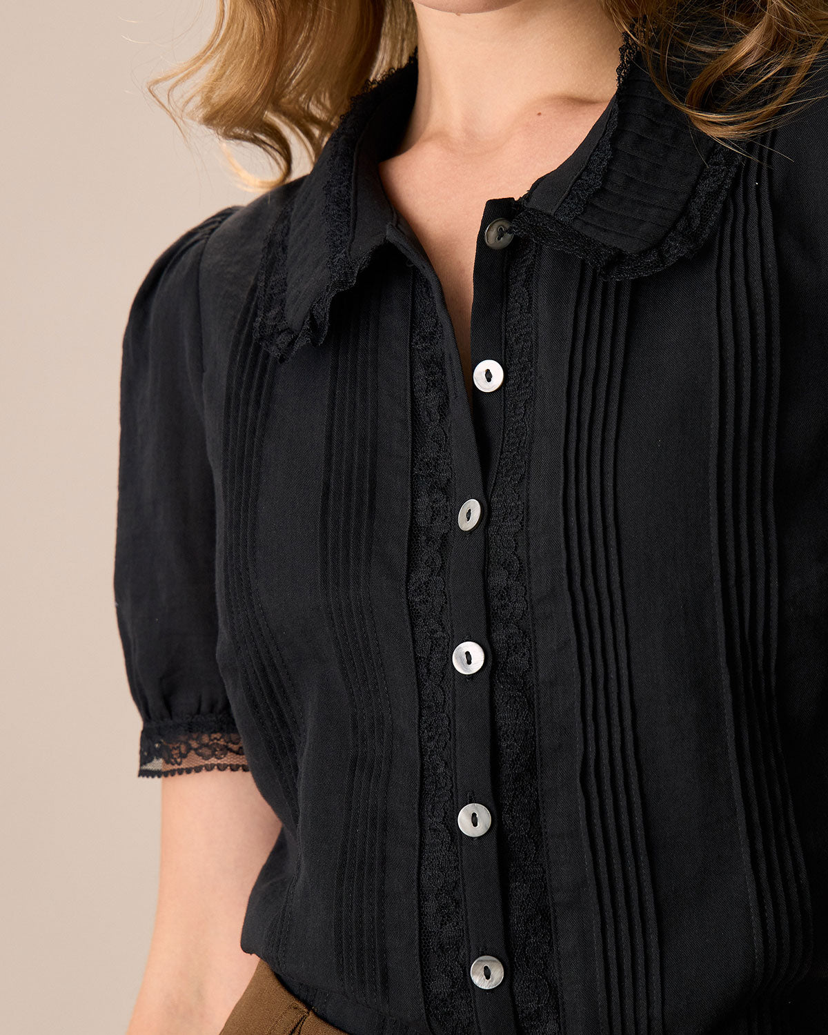 Women's Black Chelsea Collar Lace Trim Cotton Blouse