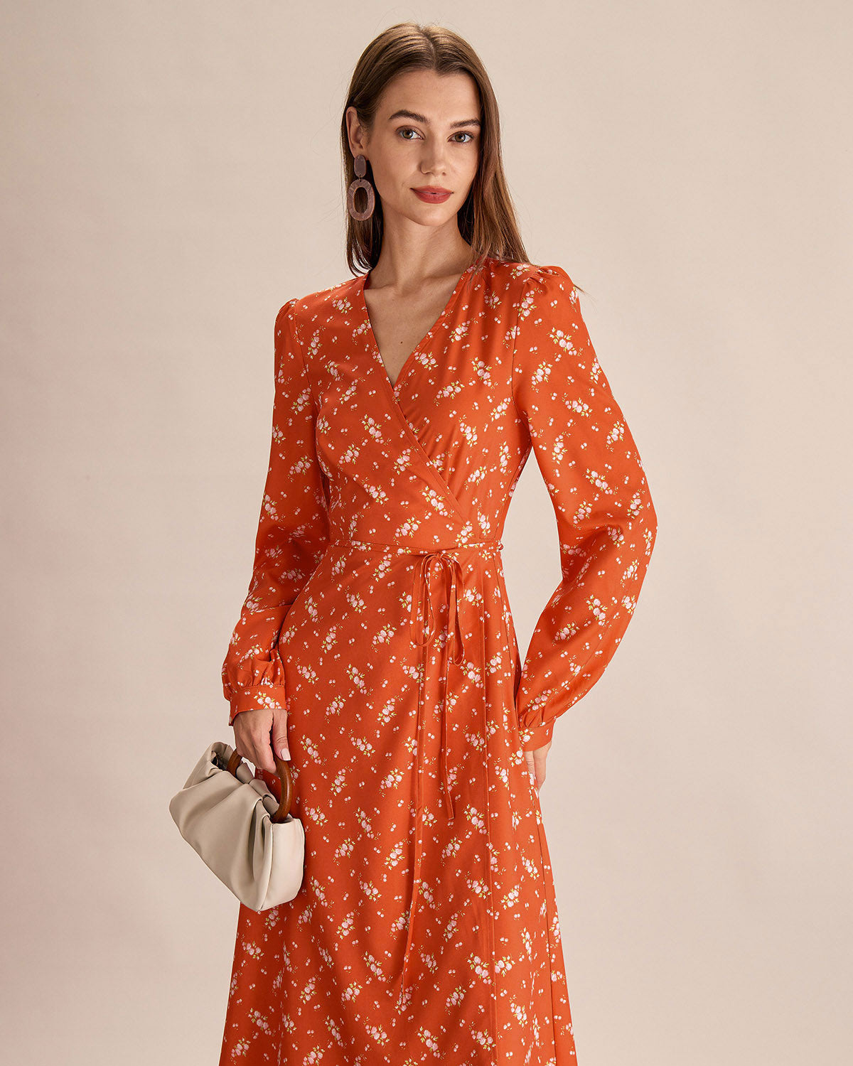 Orange Floral Wrap Midi Dress Outlet Finishline