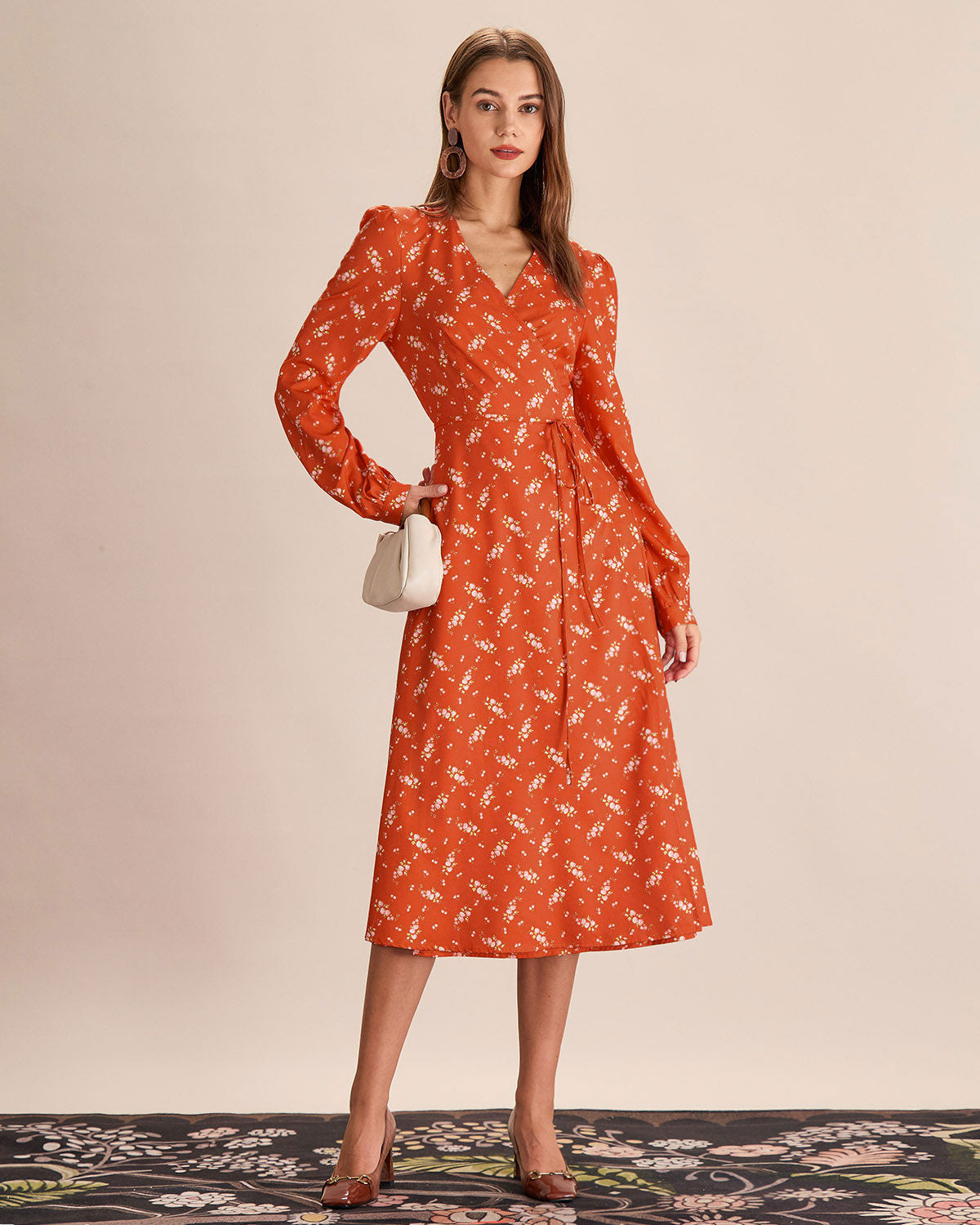 Orange Floral Wrap Midi Dress Outlet Finishline