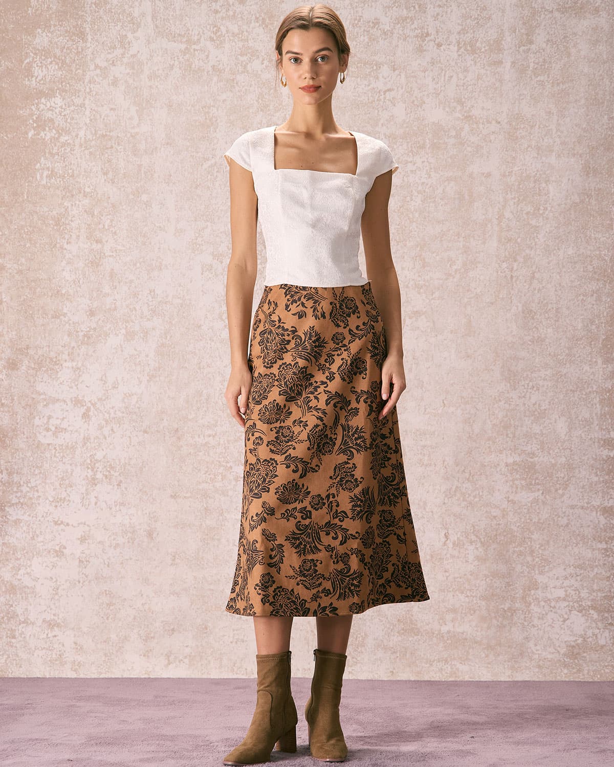 The Brown High Waist Floral Suede Midi Skirt Free Shipping Low Pice Fee Shipping