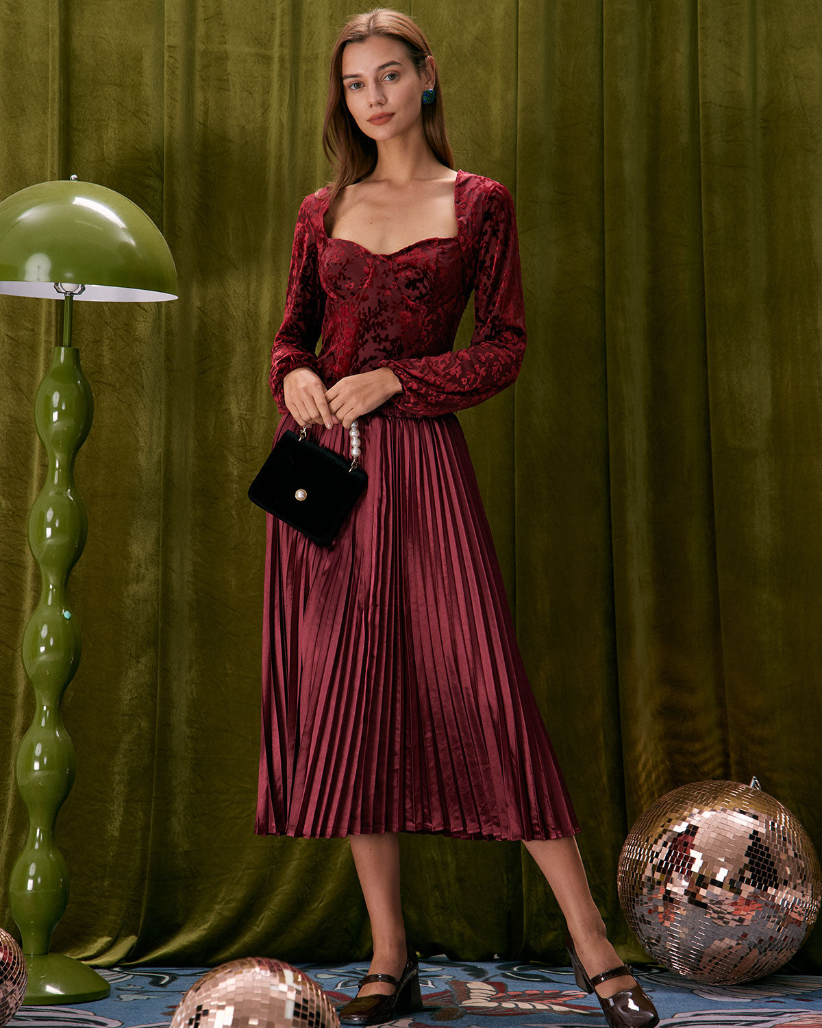 The Wine Red Elastic Waist Pleated Midi Skirt Discount Tumblr