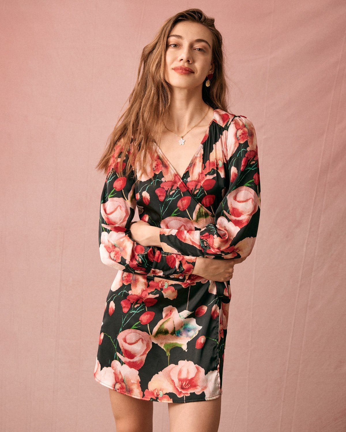 The V Neck Long Sleeve Floral Wrap Mini Dress Sale 100% Guaranteed