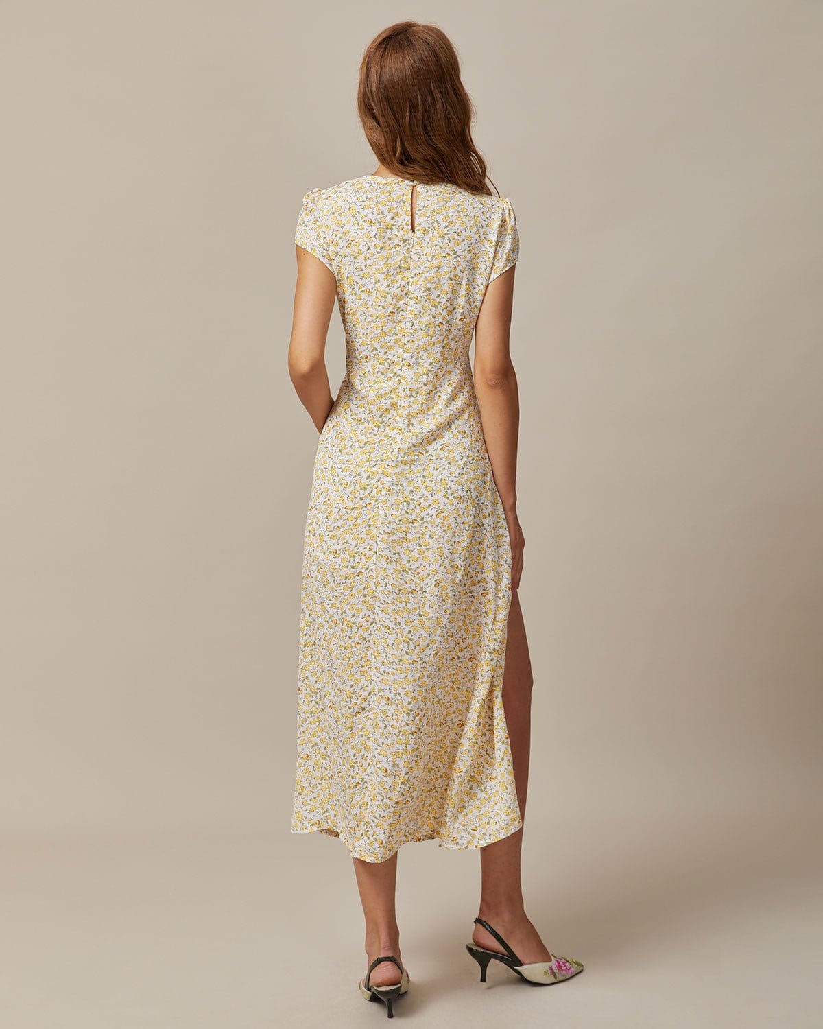 The Yellow Round Neck Floral Midi Dress Free Shipping Pices