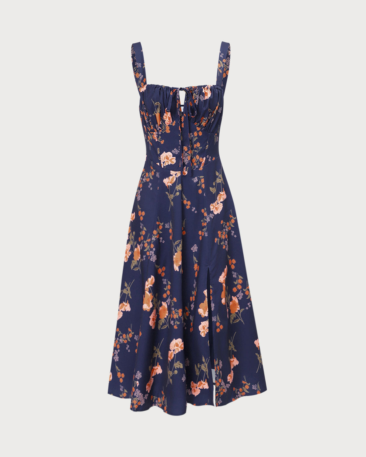 The Navy Lace Up Floral Ruched Midi Dress Discount High Quality