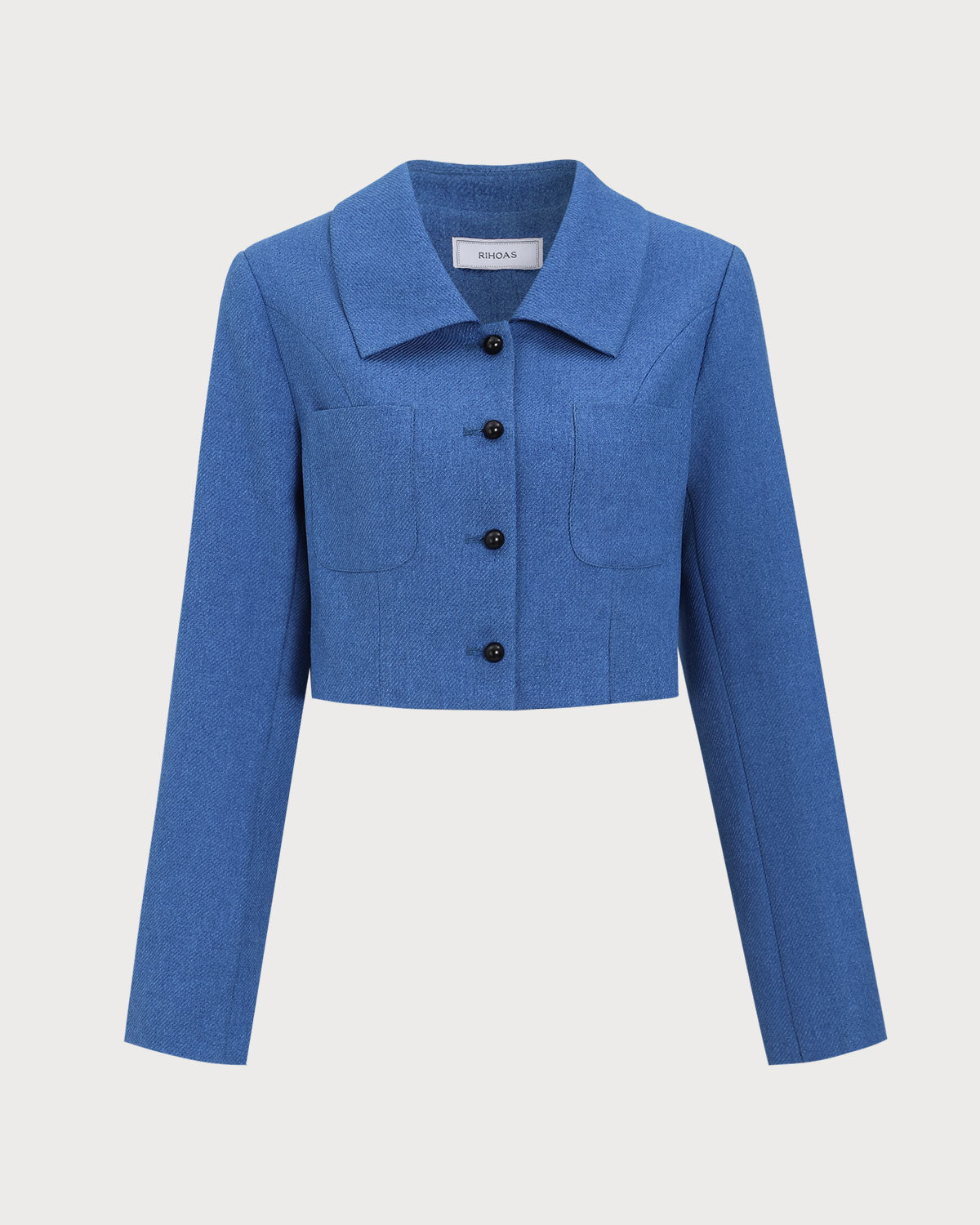 Blue Single-Breasted Pocket Crop Jacket Discount Big Sale