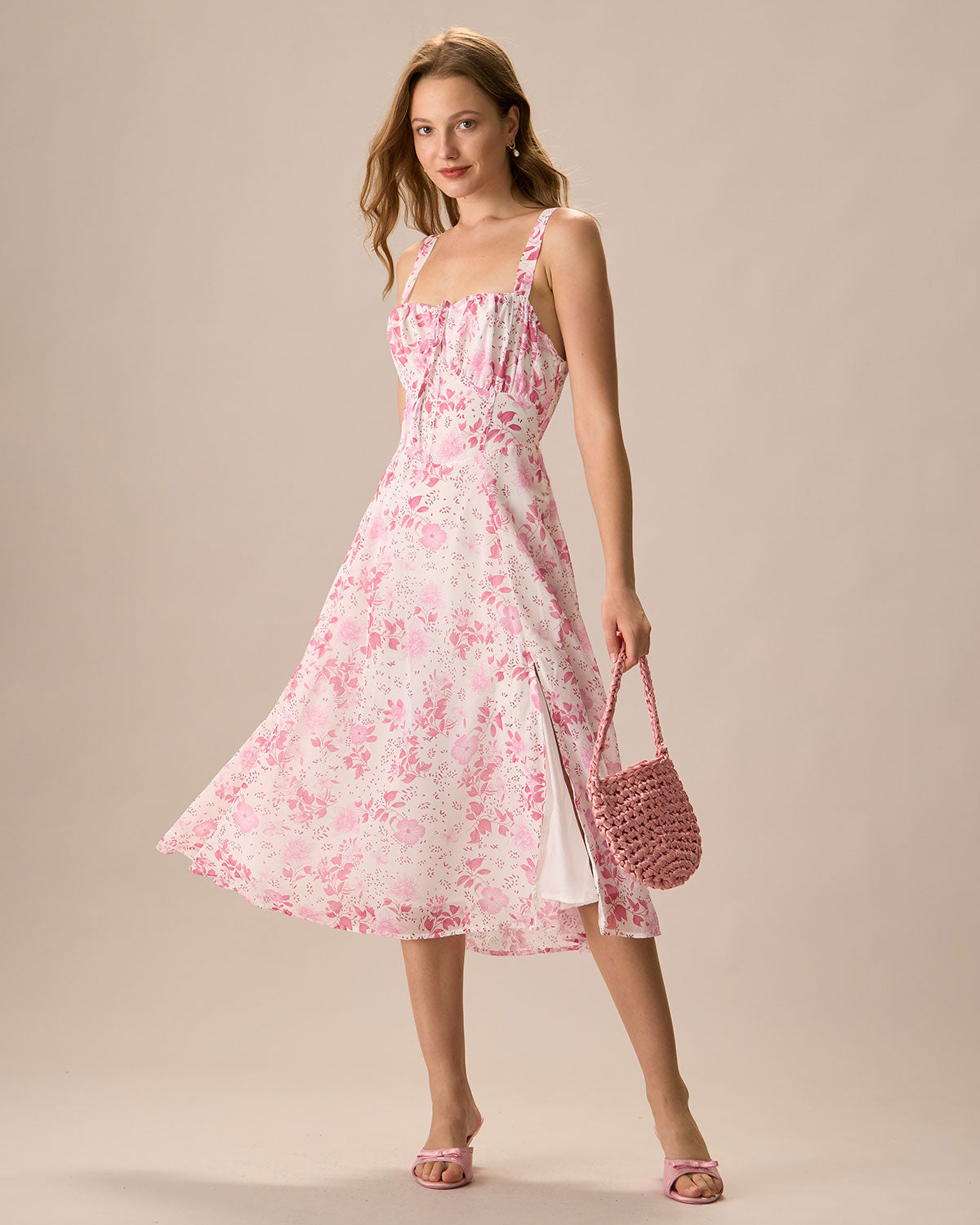 The Pink Square Neck Floral Ruched Midi Dress Outlet Fashionable